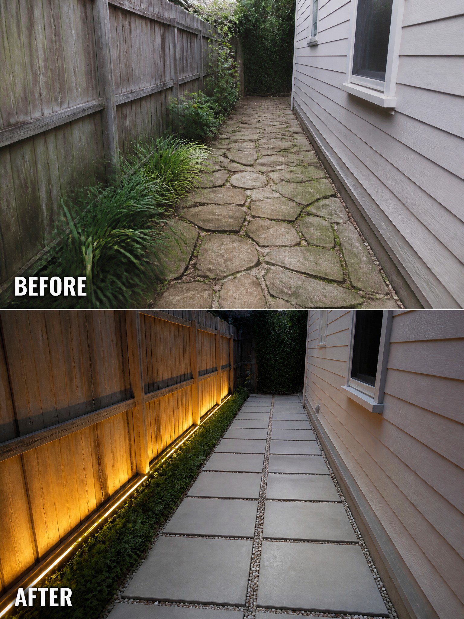 Before and after of narrow pathway with irregular stones, new pavers, and glowing fence lights