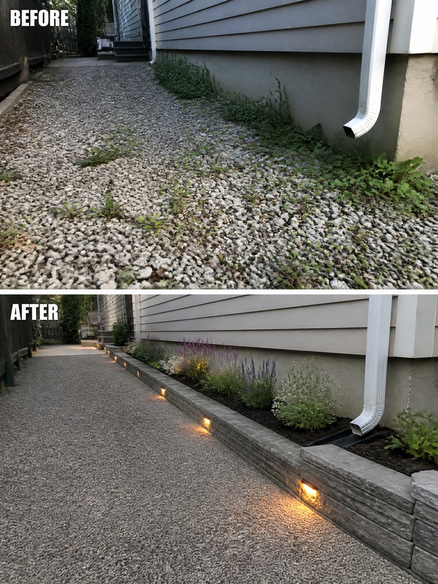 Before and after of weedy gravel path transformed into lighted garden bed beside house