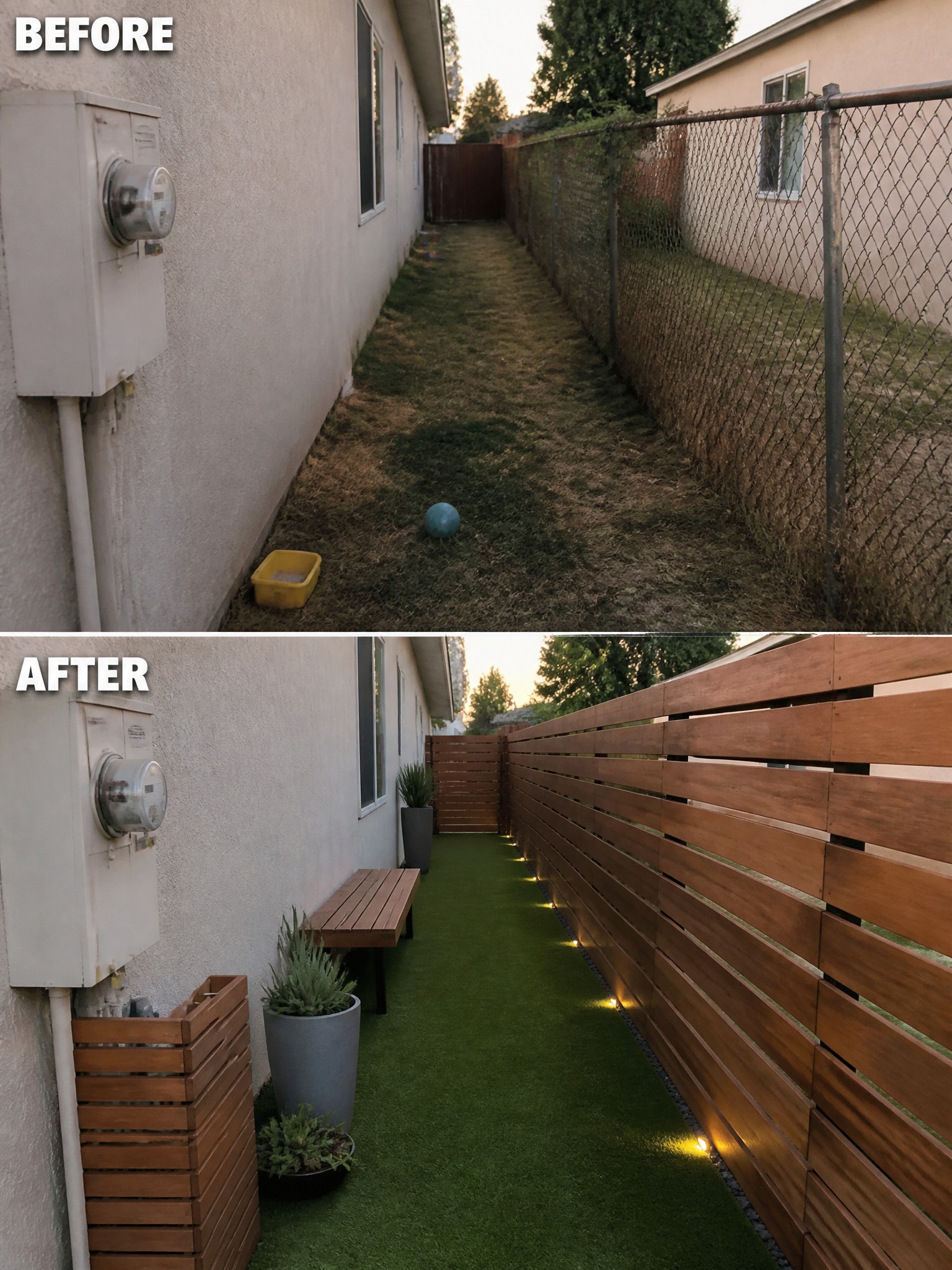 Before and after of narrow yard with artificial turf, wood fence, and lights.