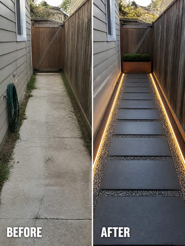 Before and after of narrow walkway renovated with pavers, gravel, lights and planter.