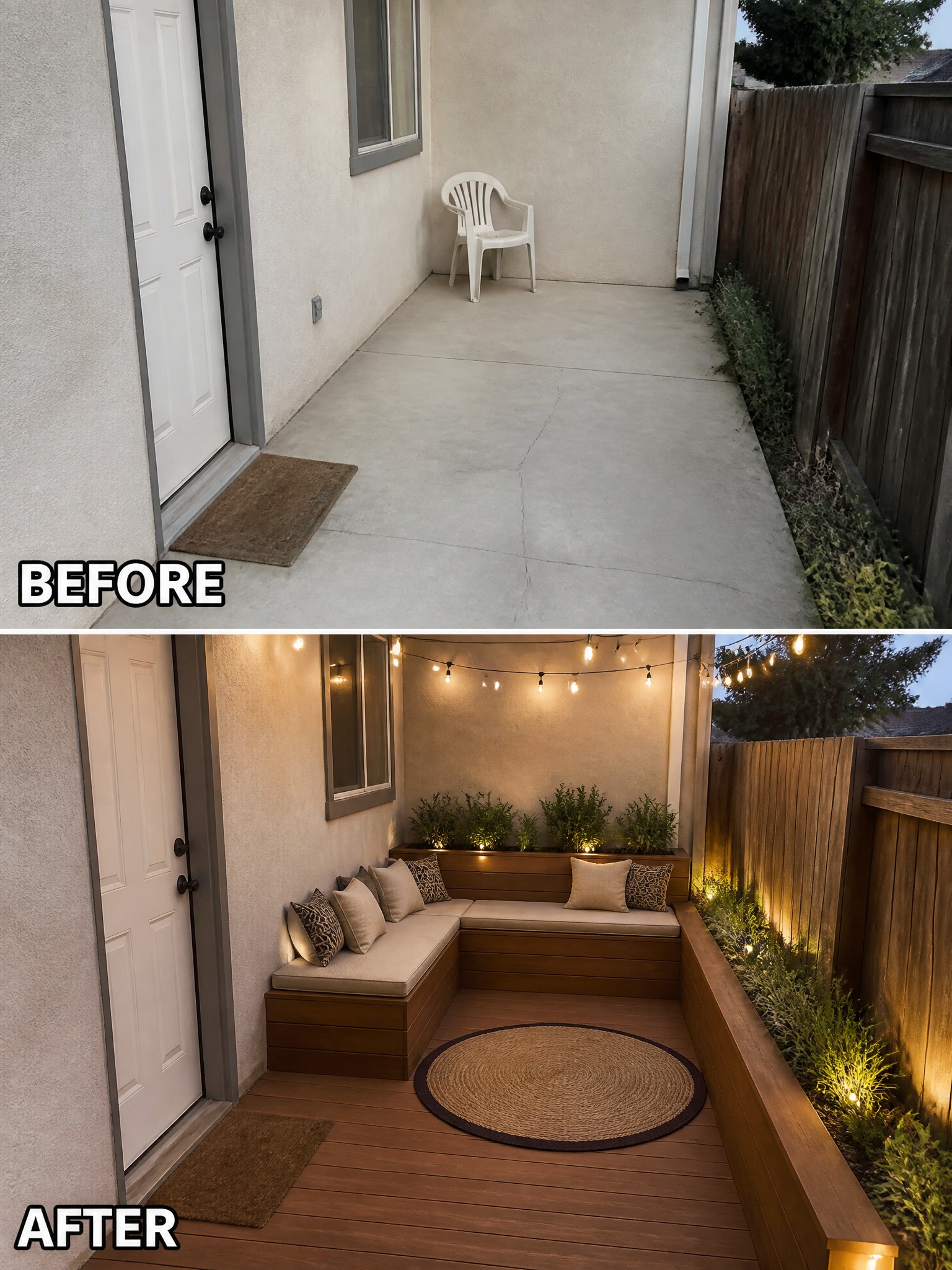 Before and after concrete patio transformed into wooden deck with seating, lights, and plants