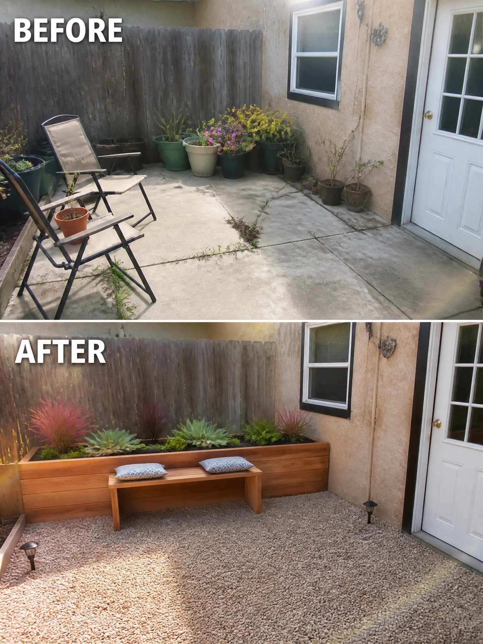 Before and after patio makeover: concrete to gravel with wooden planter bench and plants