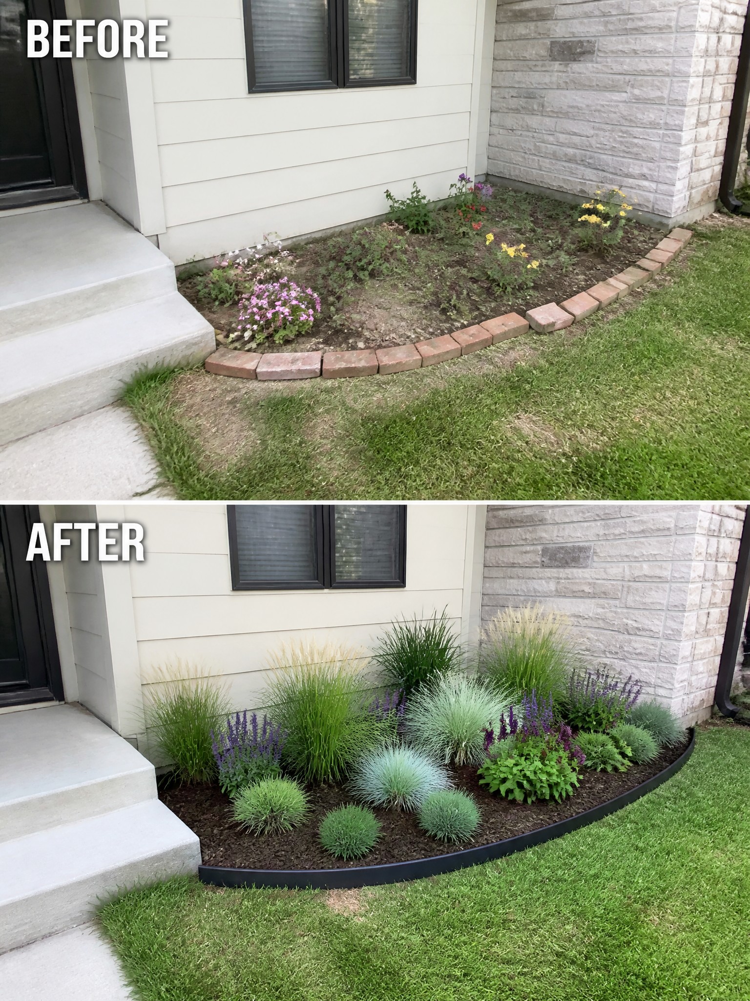 Before and after of a front yard garden bed transformed with new plants, grasses, and mulch.