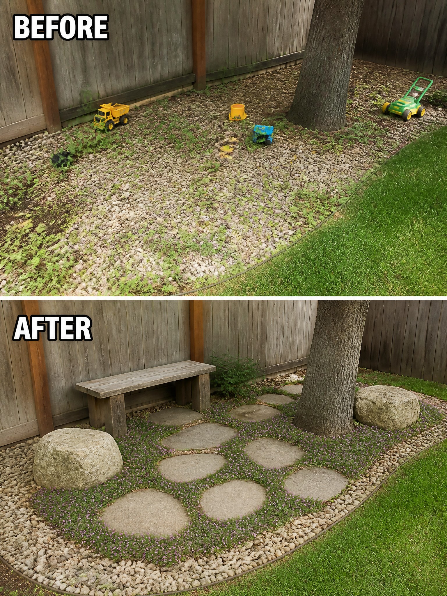 Before-and-after image of an overgrown gravel yard area changed into a landscaped space with stepping stones, ground cover plants, and large rocks.