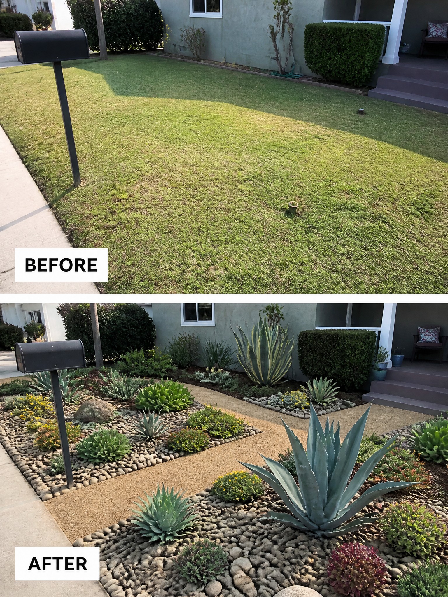 Before-and-after image of a plain front lawn changed into a structured yard with garden beds, gravel paths, rocks, and planted areas.
