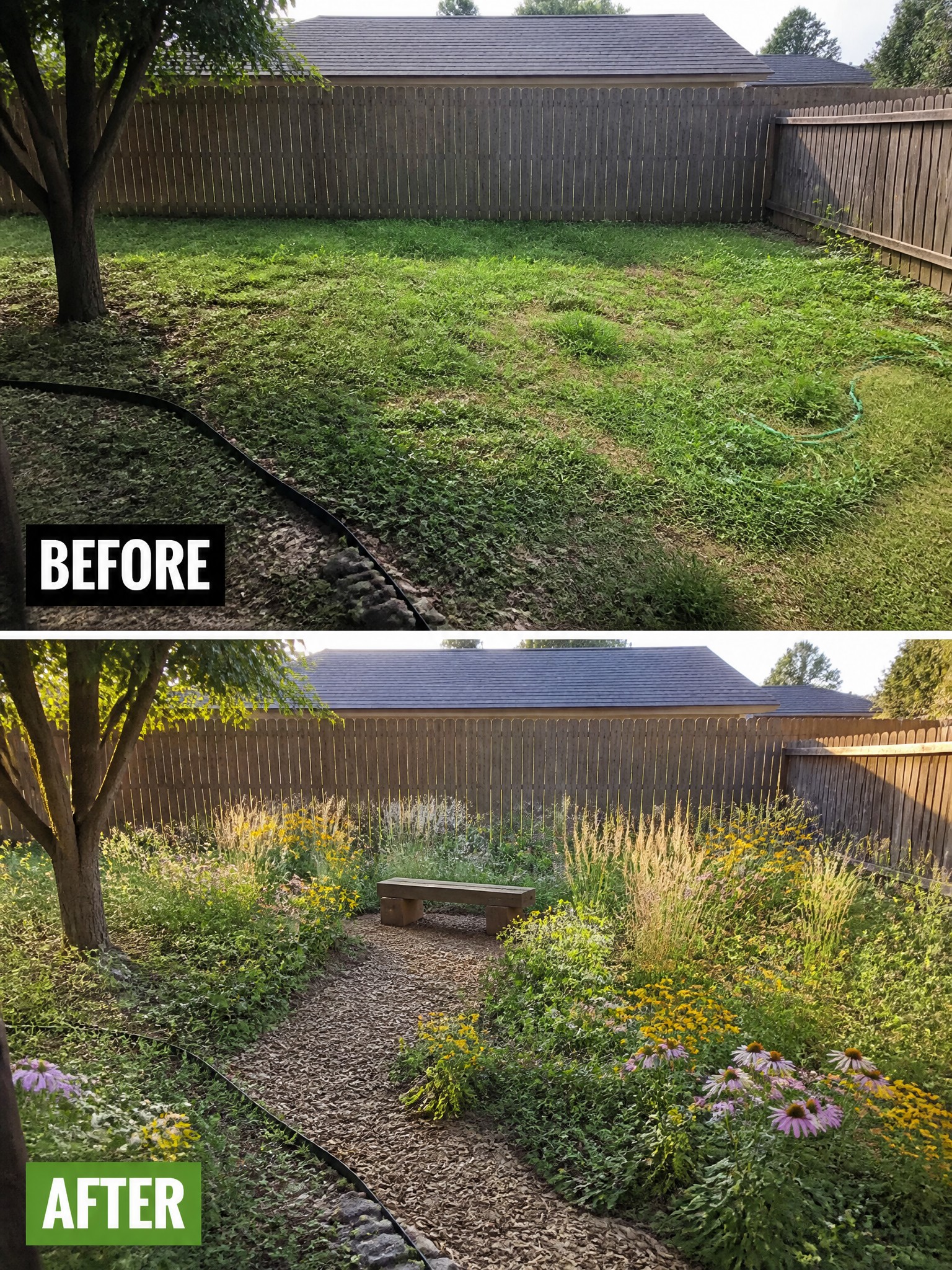 Before-and-after image of an overgrown backyard changed into a landscaped garden with defined beds, a gravel path, and flowering plants.