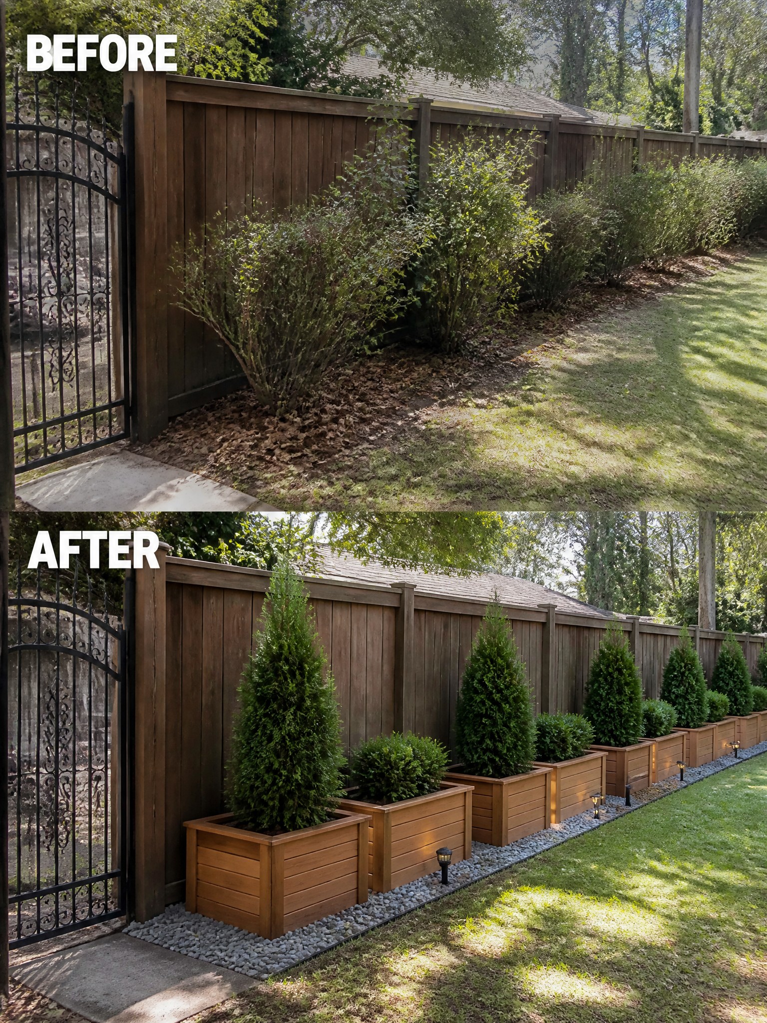 Before-and-after image of an overgrown fence border changed into a straight row of wooden planters holding tall evergreens and low shrubs.