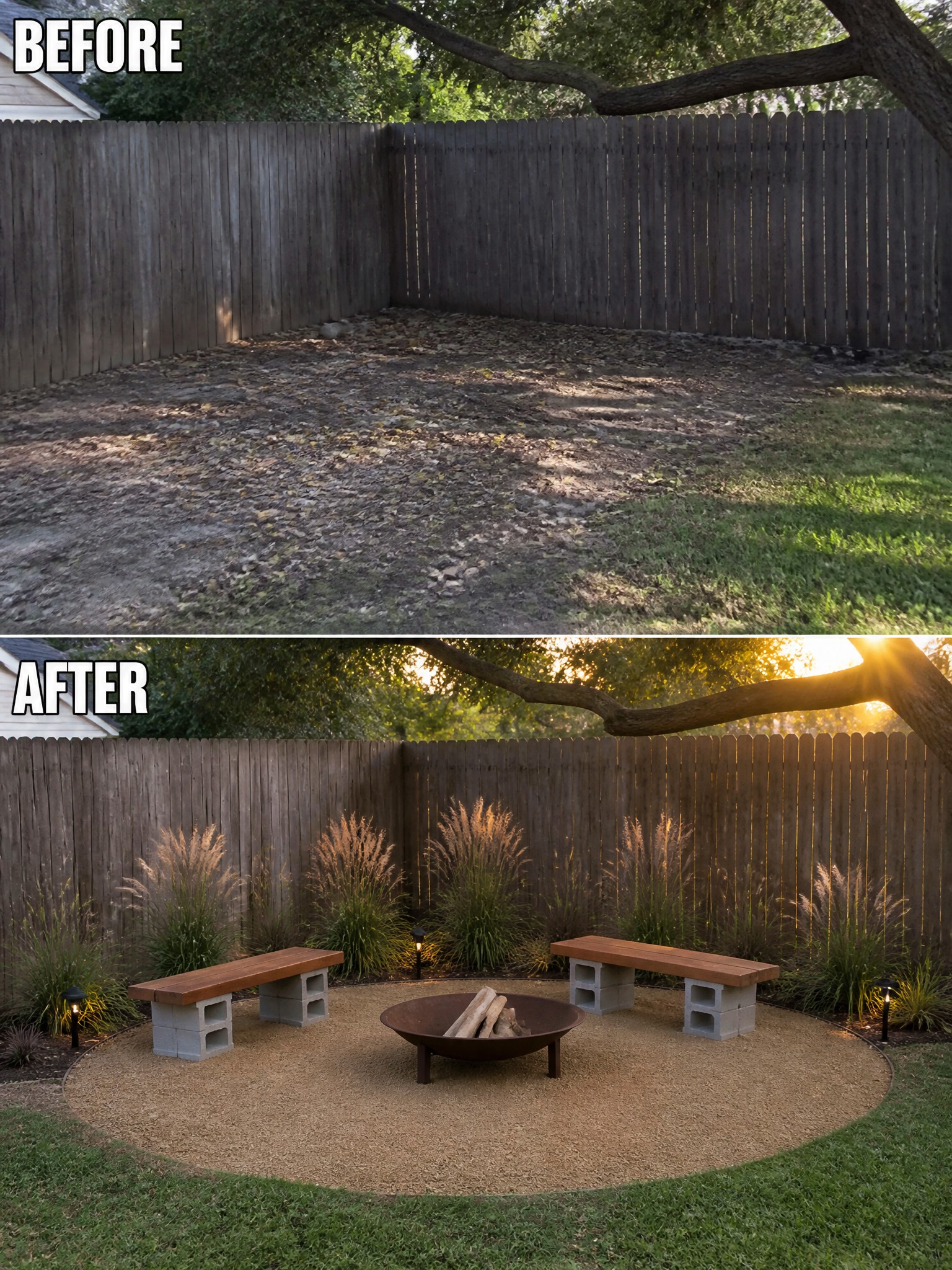 Before-and-after image of a bare backyard corner changed into a fire pit seating area with gravel, benches, and simple planting.