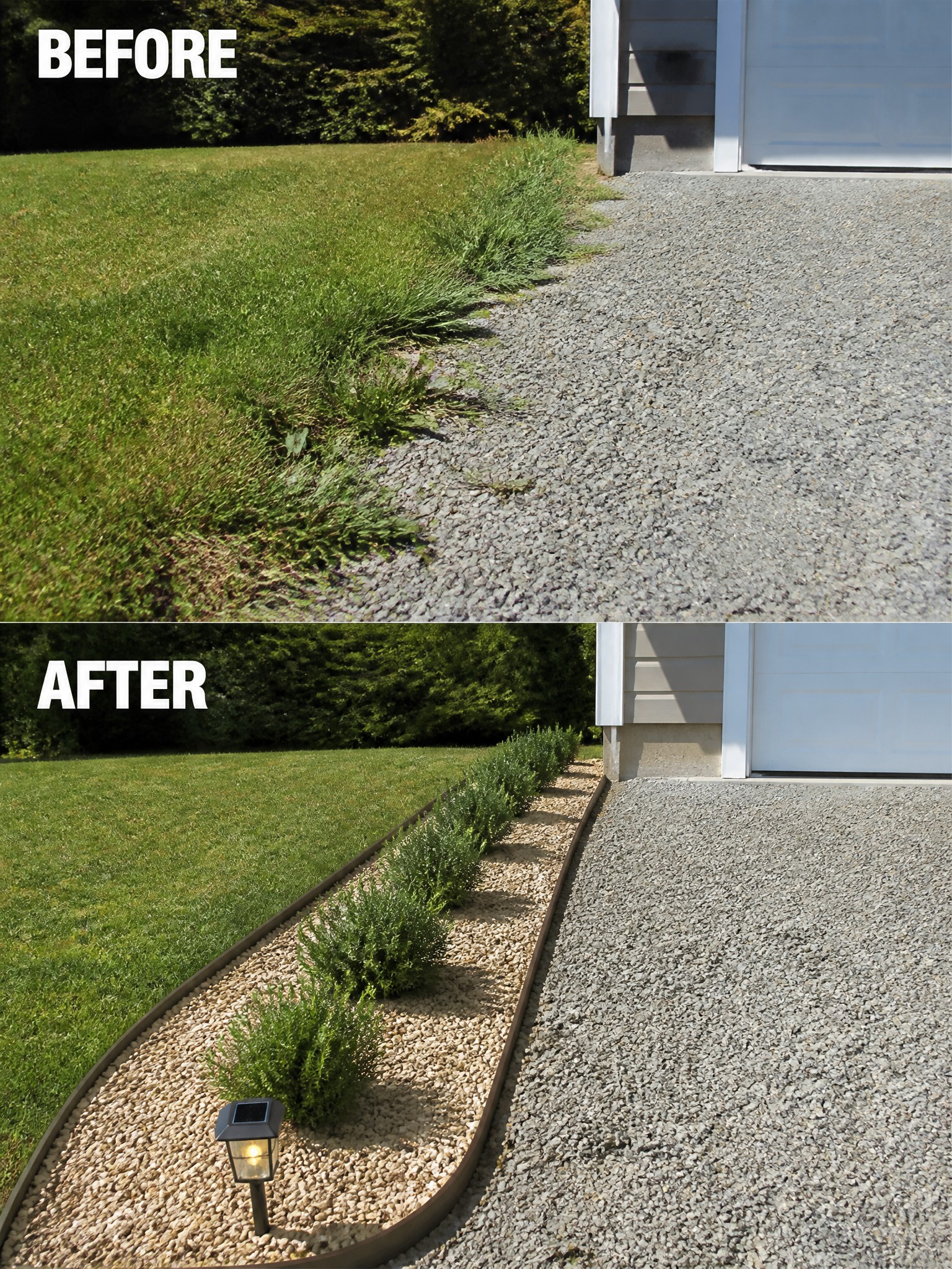 Before-and-after image of an overgrown lawn edge beside a gravel driveway changed into a neat planted border with edging and low shrubs.
