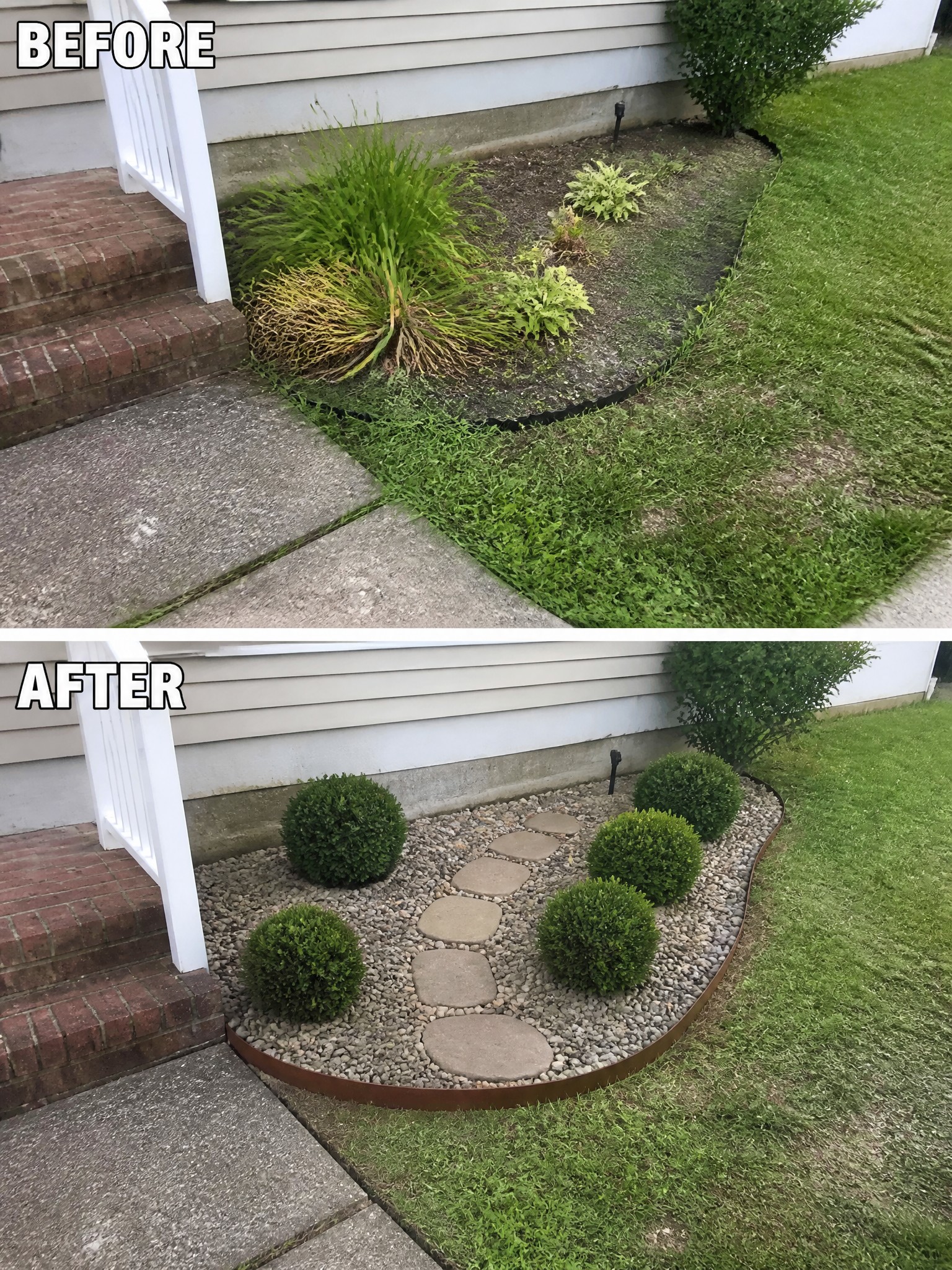 Before and after: overgrown weeds replaced by shrubs, gravel, and stepping stones.