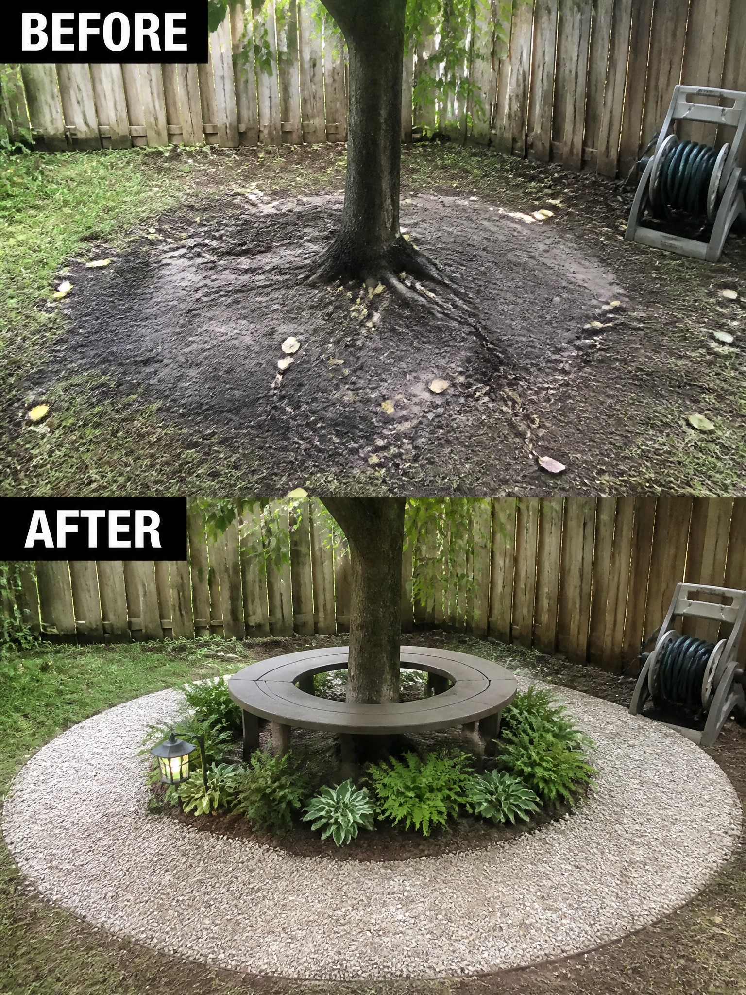 Before-and-after tree base: muddy dirt transformed into gravel circle with bench and plants.