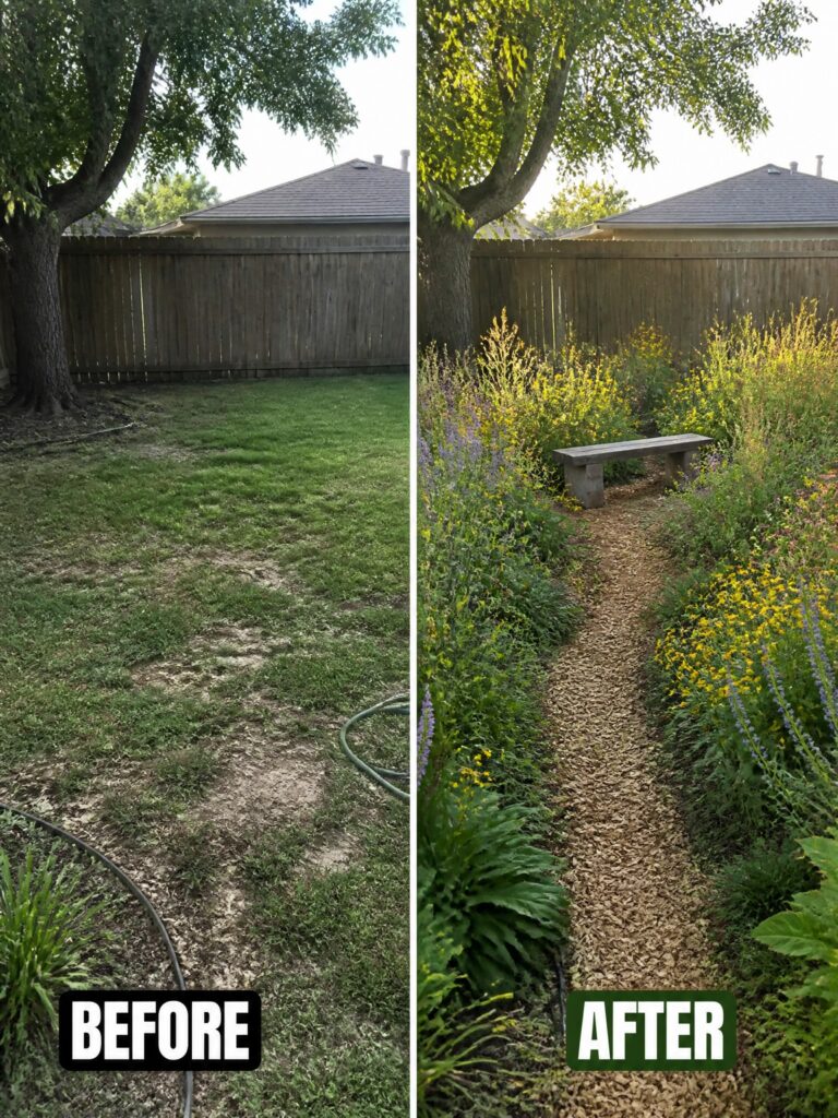 21 Practical Budget Garden Before and After Ideas for Low Maintenance Yards Before-and-after image of an overgrown backyard changed into a landscaped garden with defined beds, a gravel path, and flowering plants.