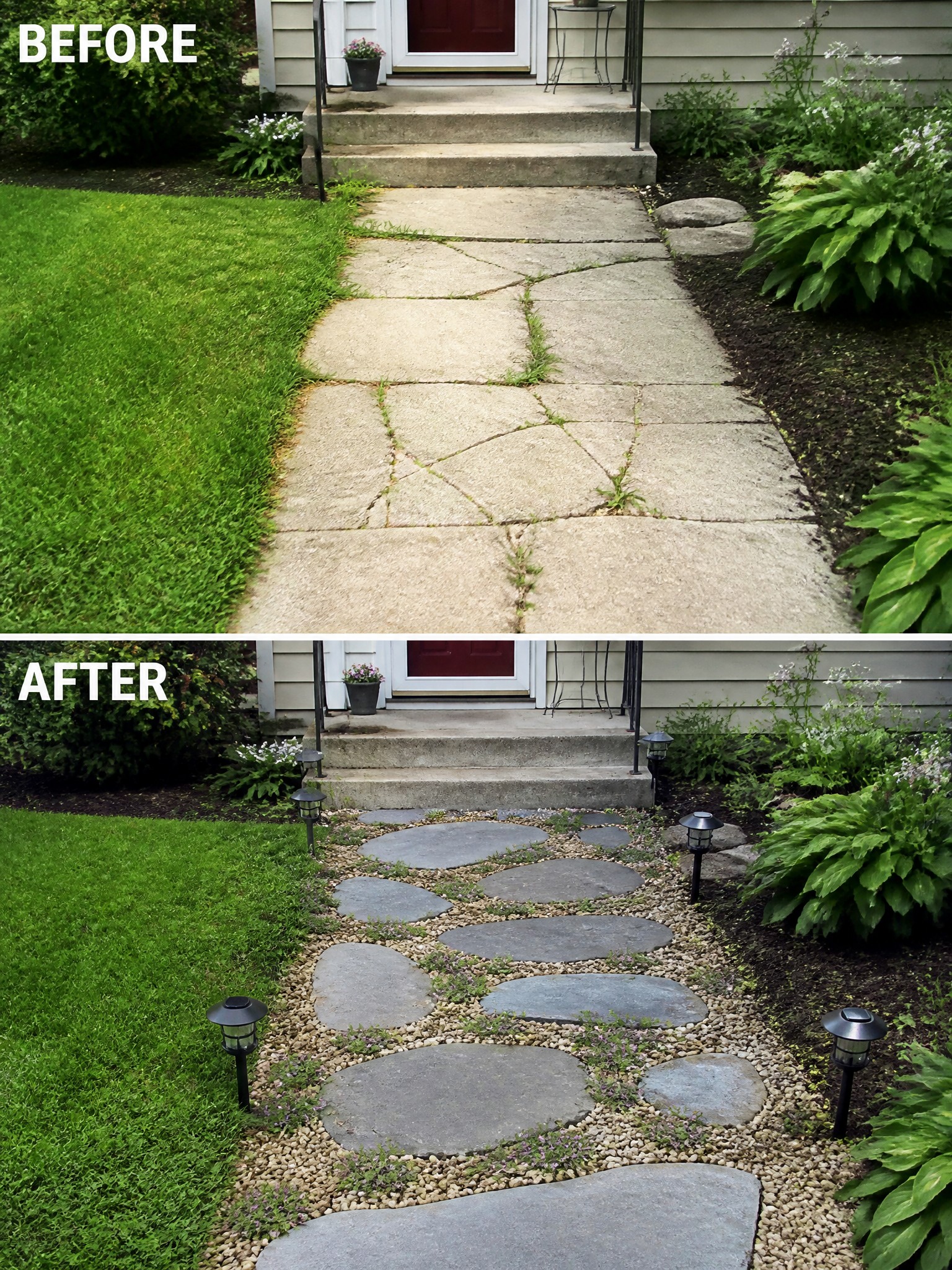 Before and after of cracked concrete path transformed into stone stepping stones with lights.