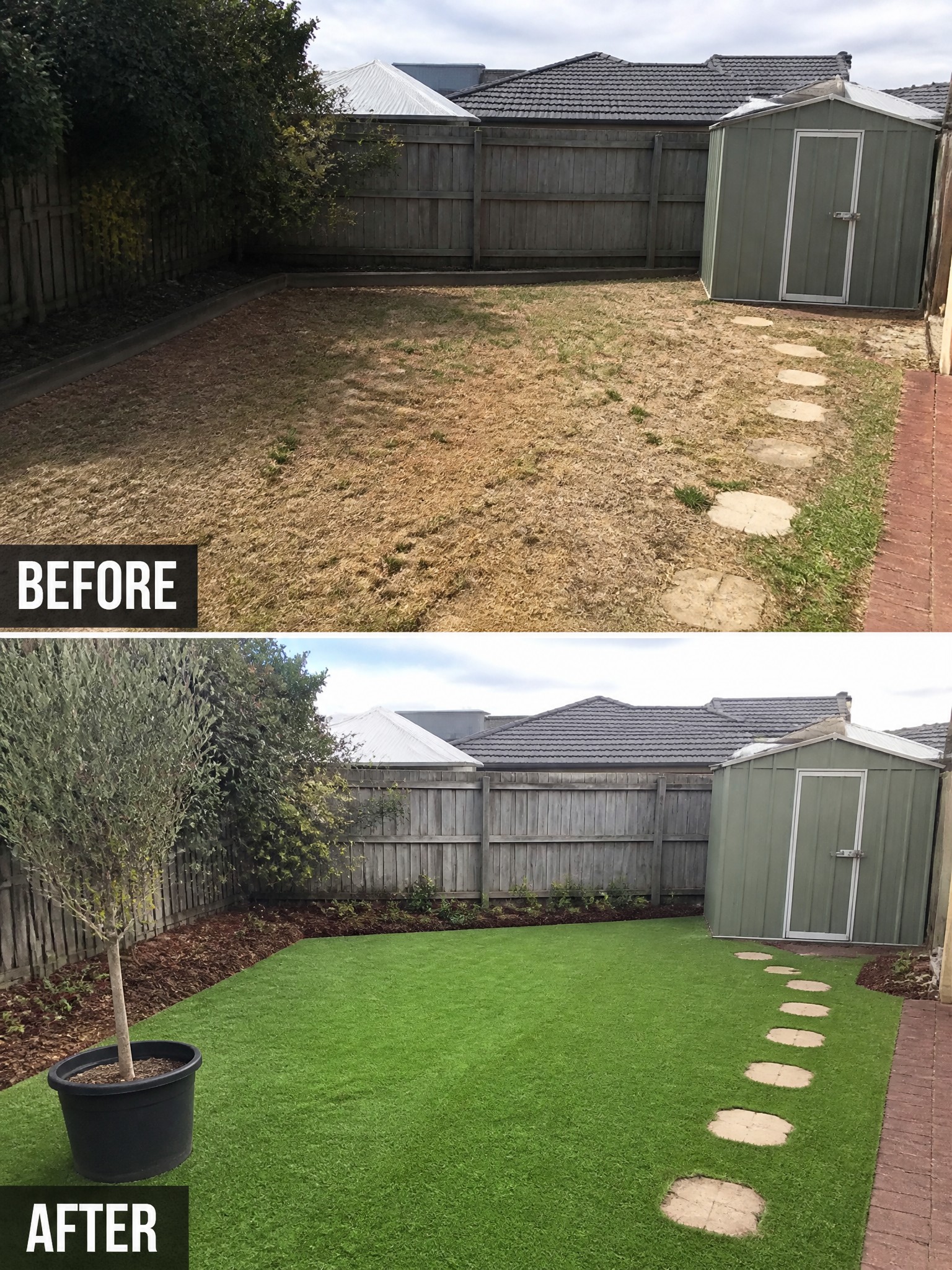 Before and after backyard with dry brown lawn transformed to green artificial turf and potted tree