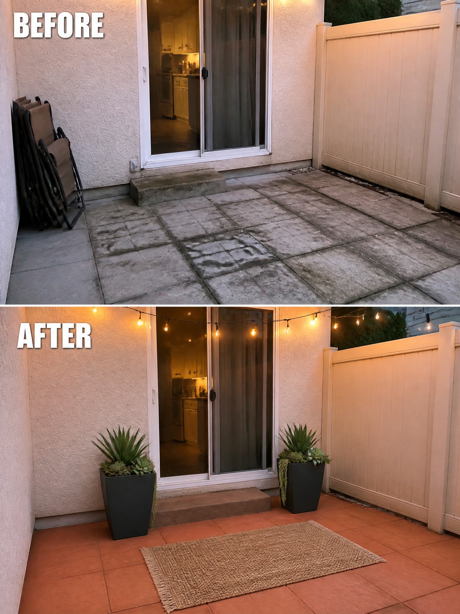 Before dirty concrete patio and after with terracotta tiles, potted plants, rug and string lights.
