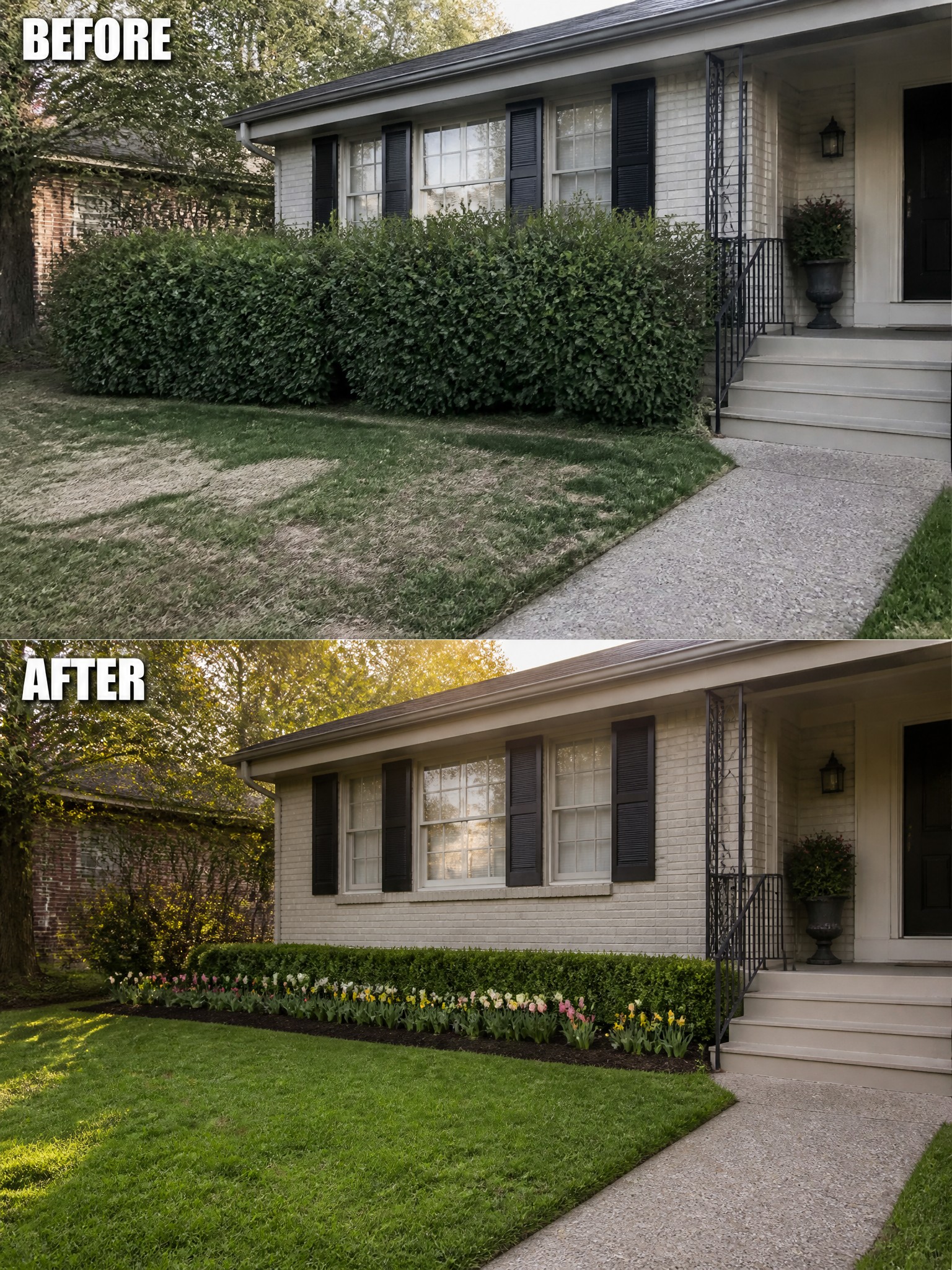 Before-and-after image of a front yard where an overgrown hedge and patchy lawn were updated with a trimmed hedge, a colorful flower border, and a neat green lawn.