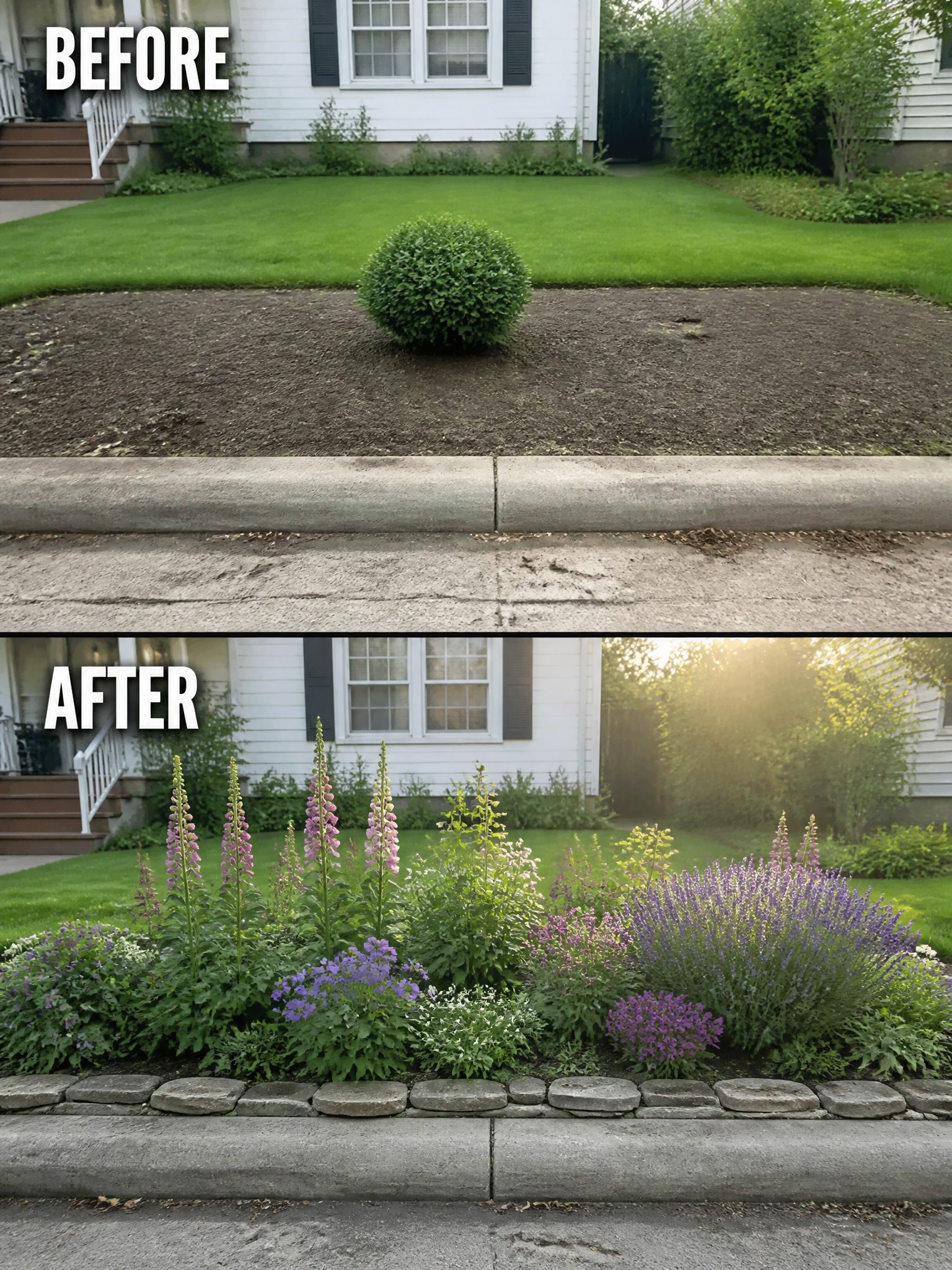 Before sparse mulch bed with lone bush, after colorful flower garden with stone border