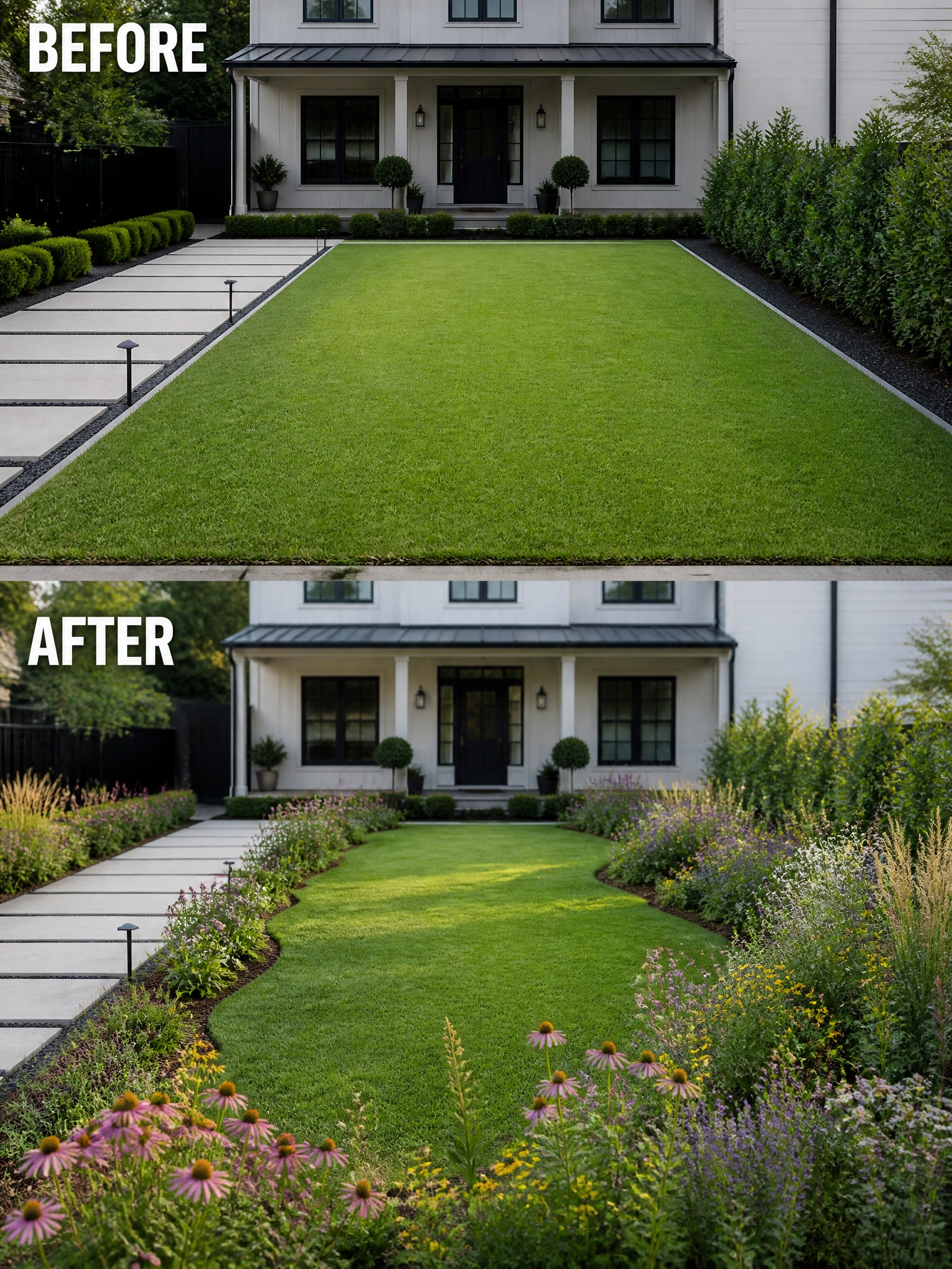 Before and after of house lawn with added colorful flower beds along path