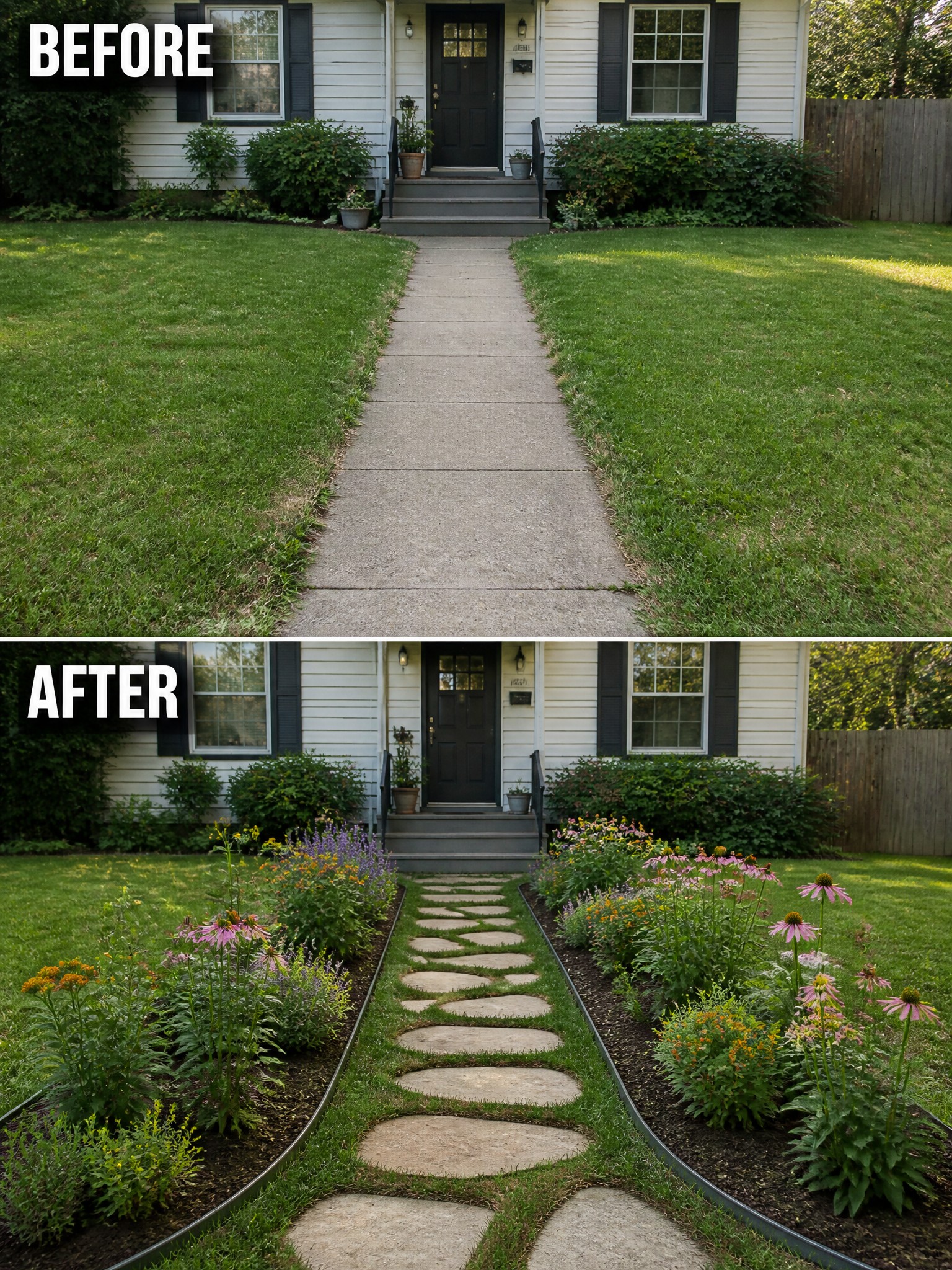 Before and after front yard with colorful flower beds and curved stepping-stone path