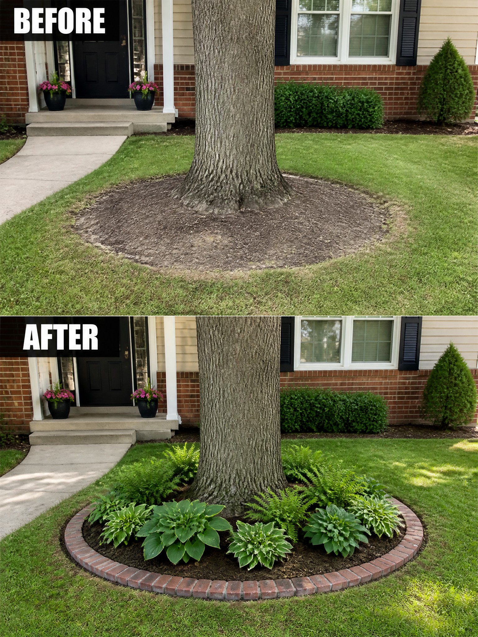 Before-and-after of tree base: bare mulch circle changed to brick-bordered hosta garden.