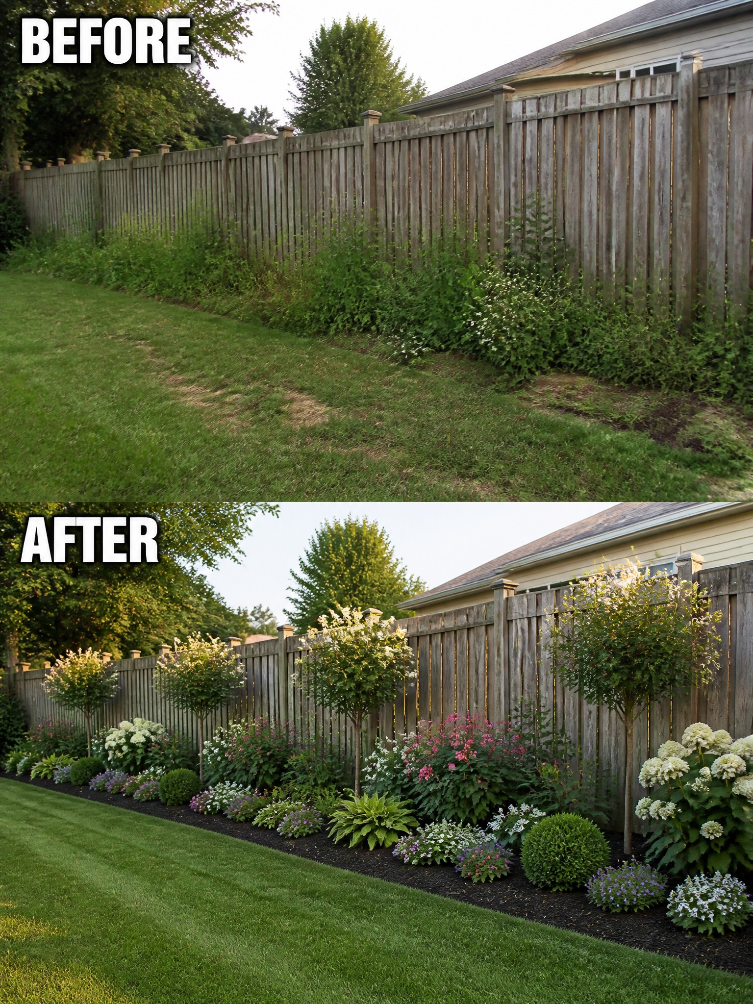 Before and after of overgrown weeds transformed into colorful flower garden along fence