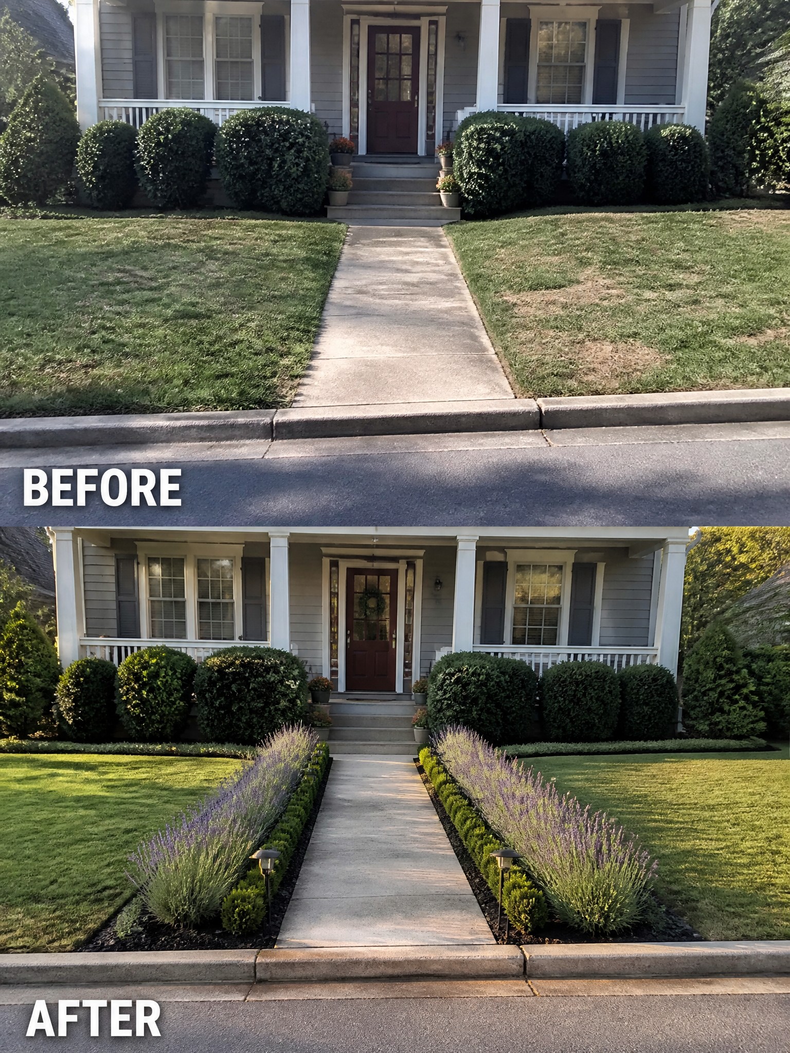 Before-and-after image of a front yard showing a plain lawn changed by adding planted garden borders with lavender and shrubs along both sides of the walkway.