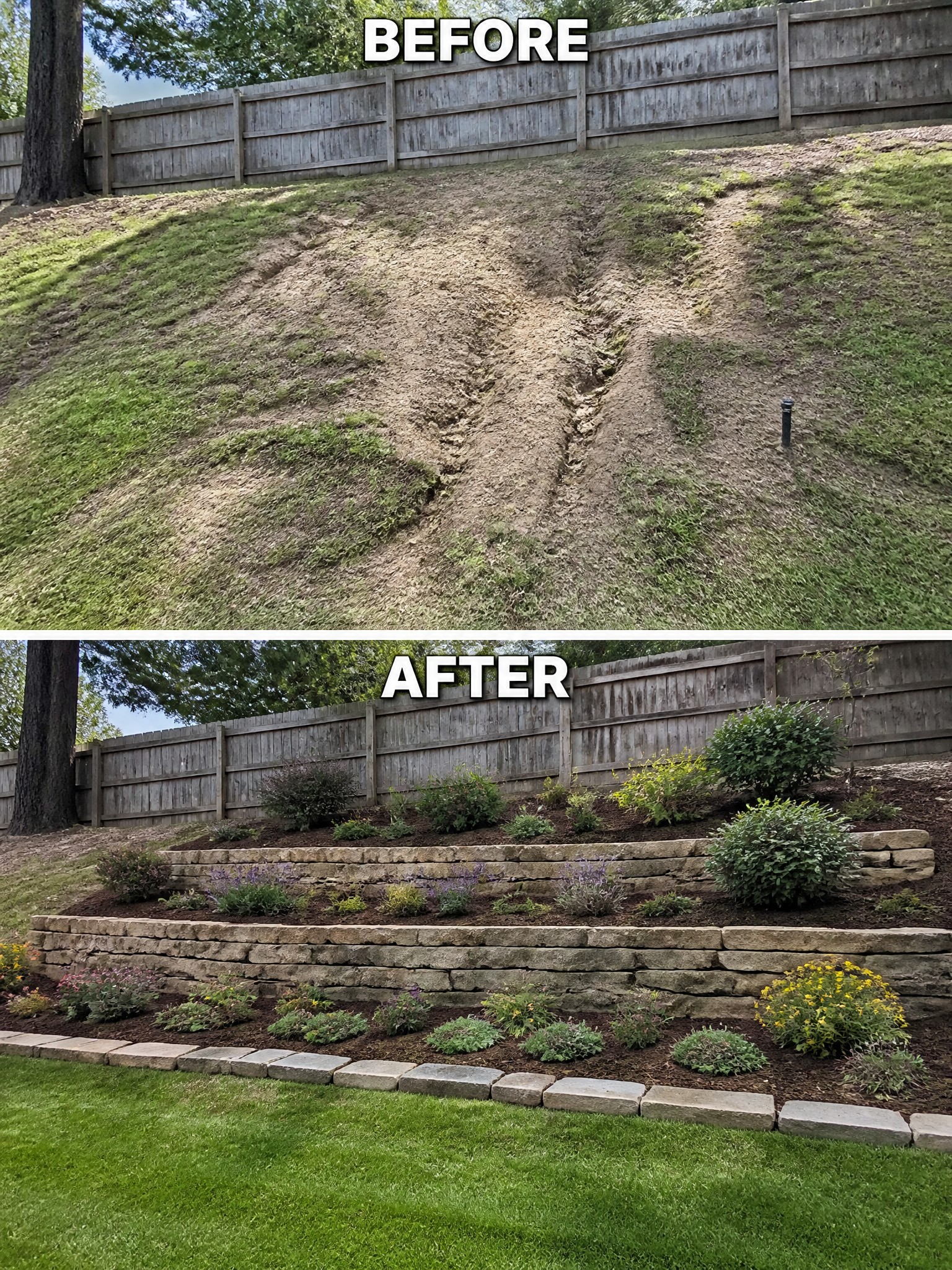 Before eroded hillside and after with tiered stone walls, mulch, and colorful shrubs