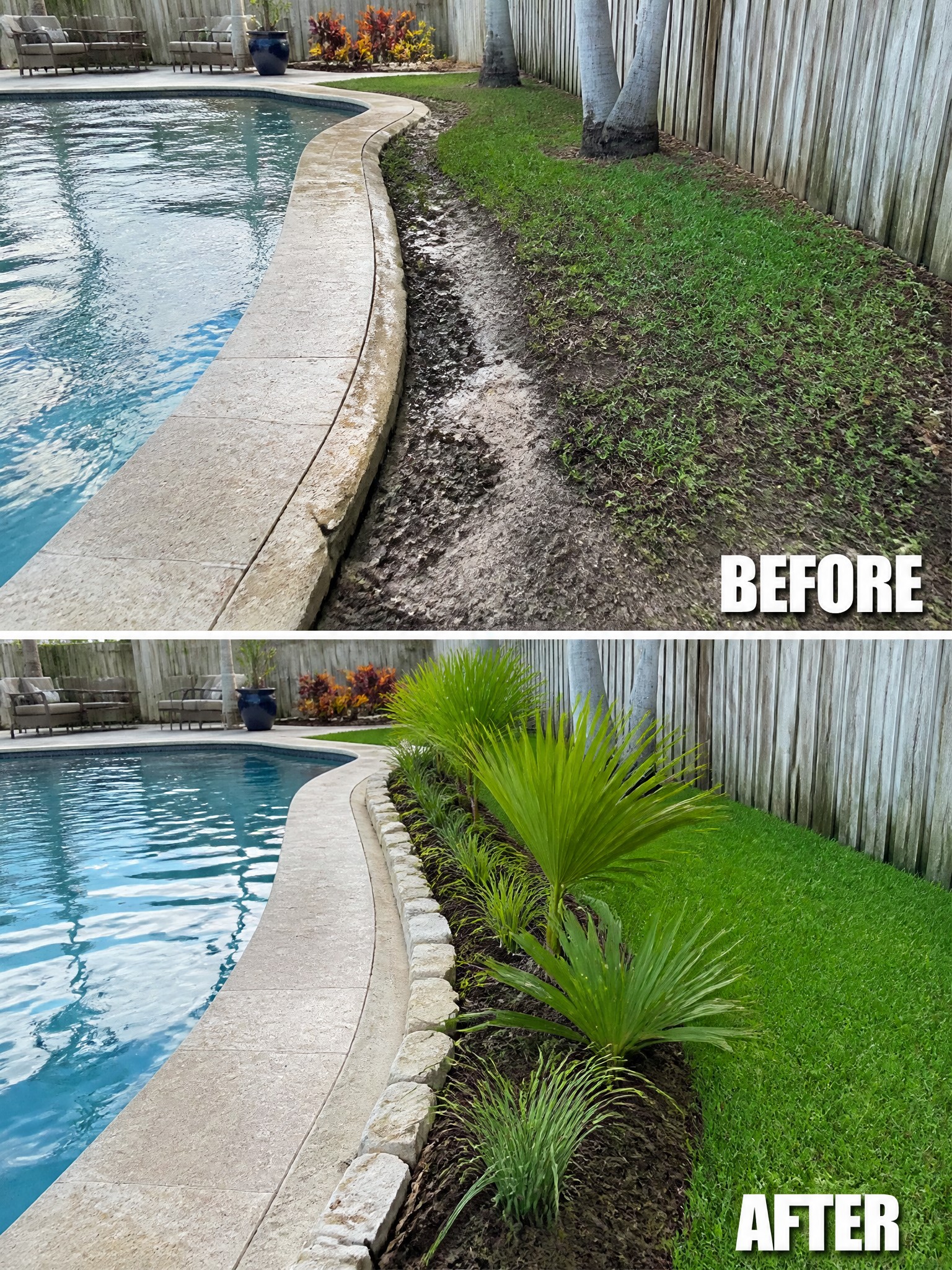Before-and-after poolside view: muddy grass replaced by stone border and lush plants.