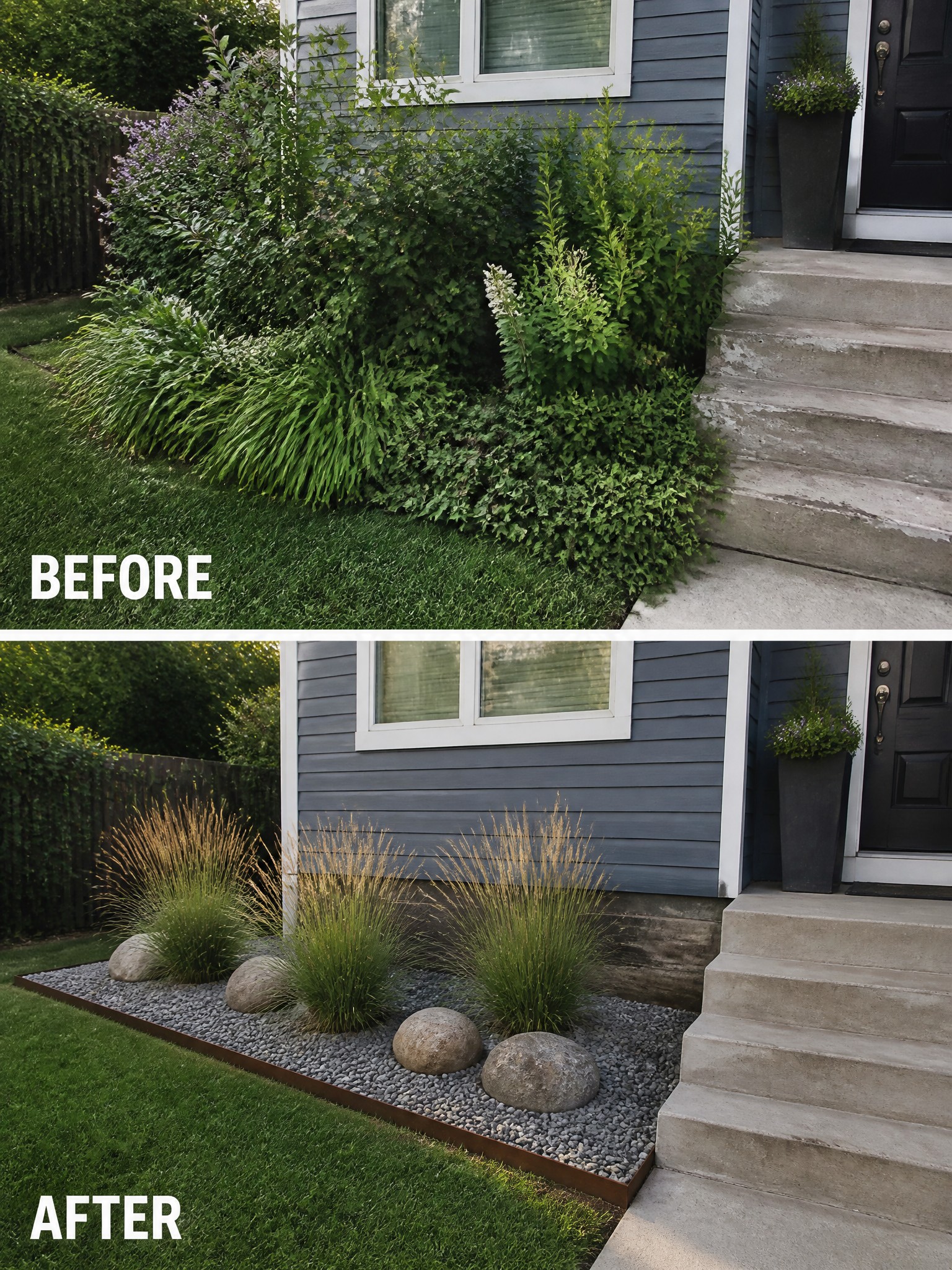 Before and after landscaping: overgrown shrubs replaced by gravel bed with rocks and grasses.