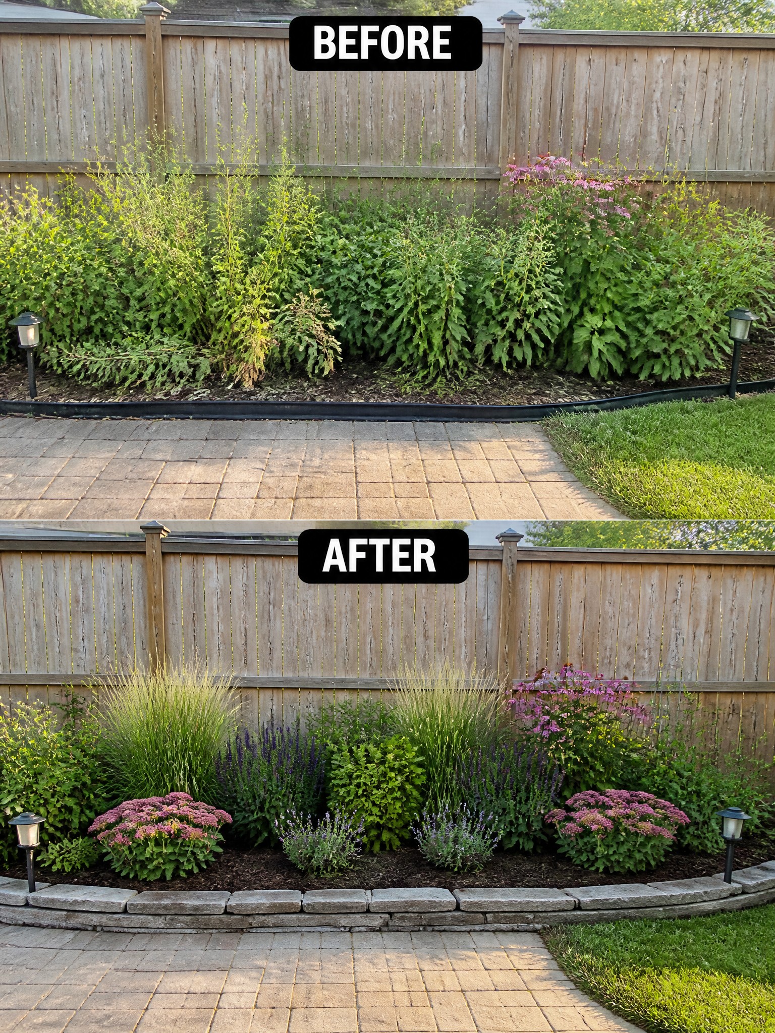 Before-and-after image of an overgrown garden bed along a fence changed into defined beds with stone edging and structured planting.