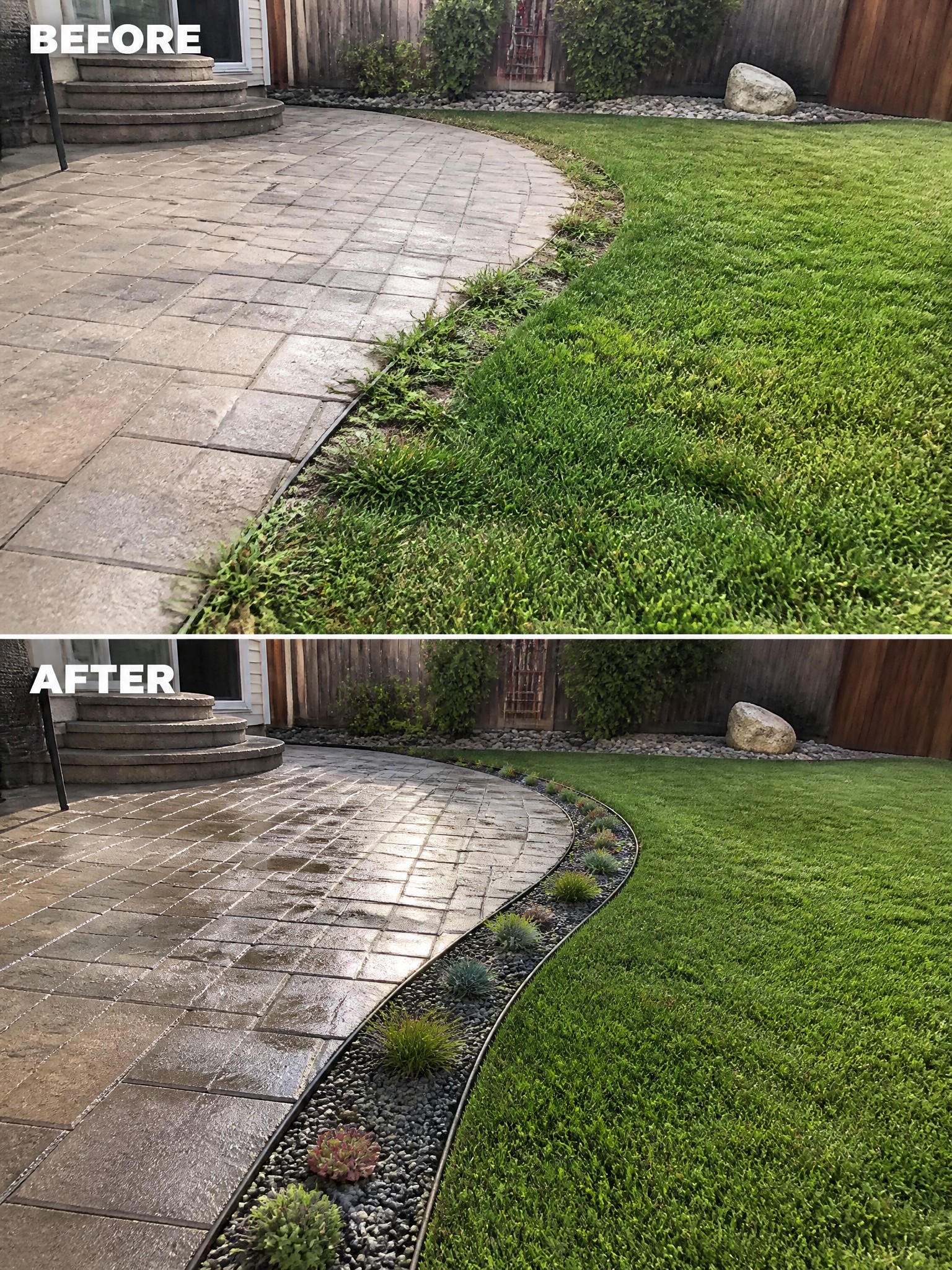 Before and after of curved stone patio with new gravel bed and plants.