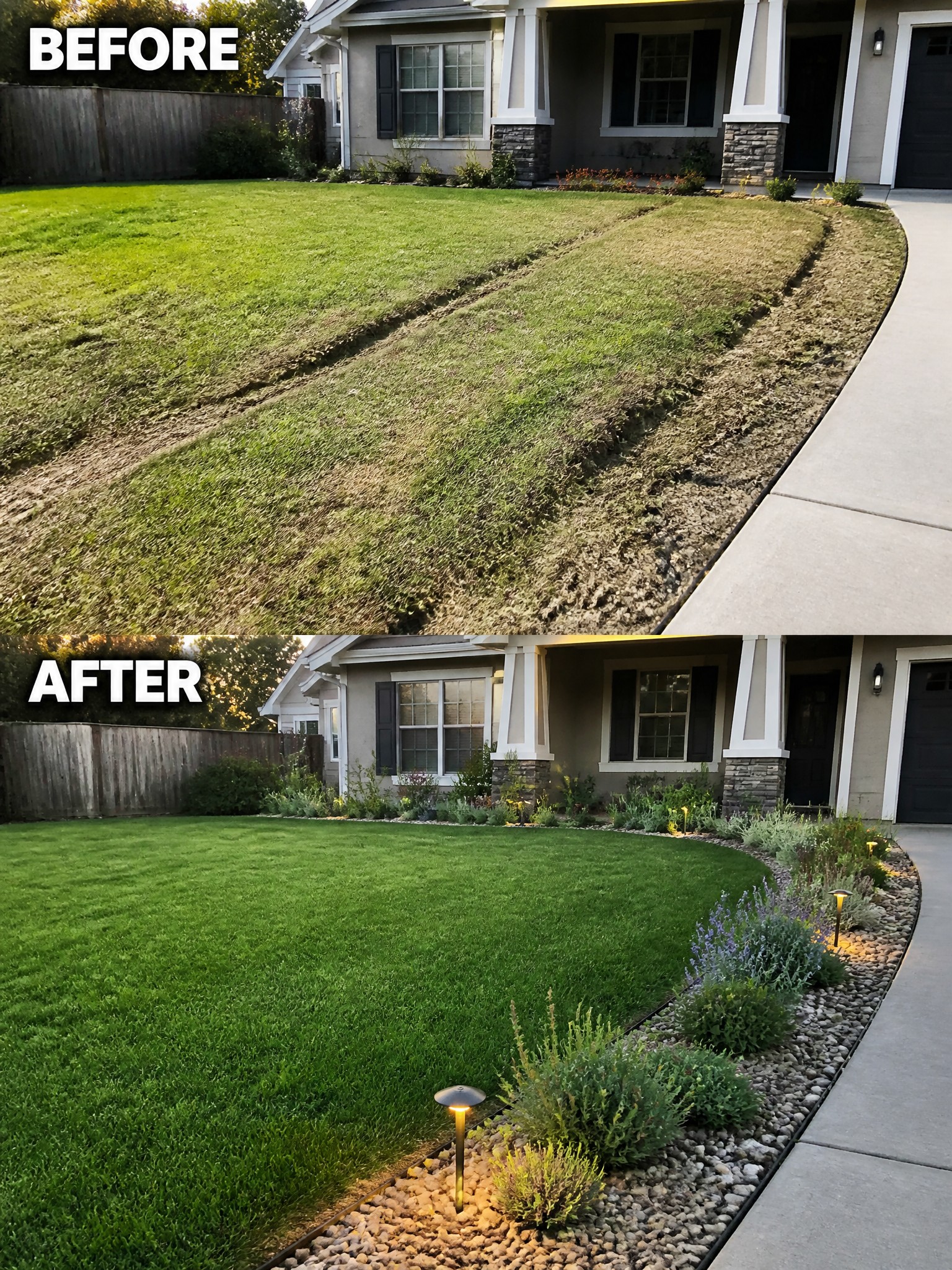 Before and after front yard with lush lawn, rock border, plants and lights