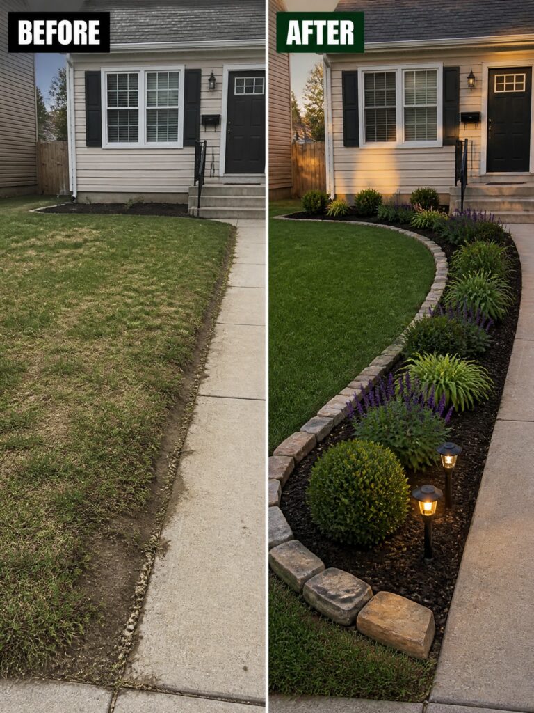 21 Smart Lawn Transformation Ideas With Garden Borders Before and after of house lawn: patchy grass upgraded to lush turf with flower bed.