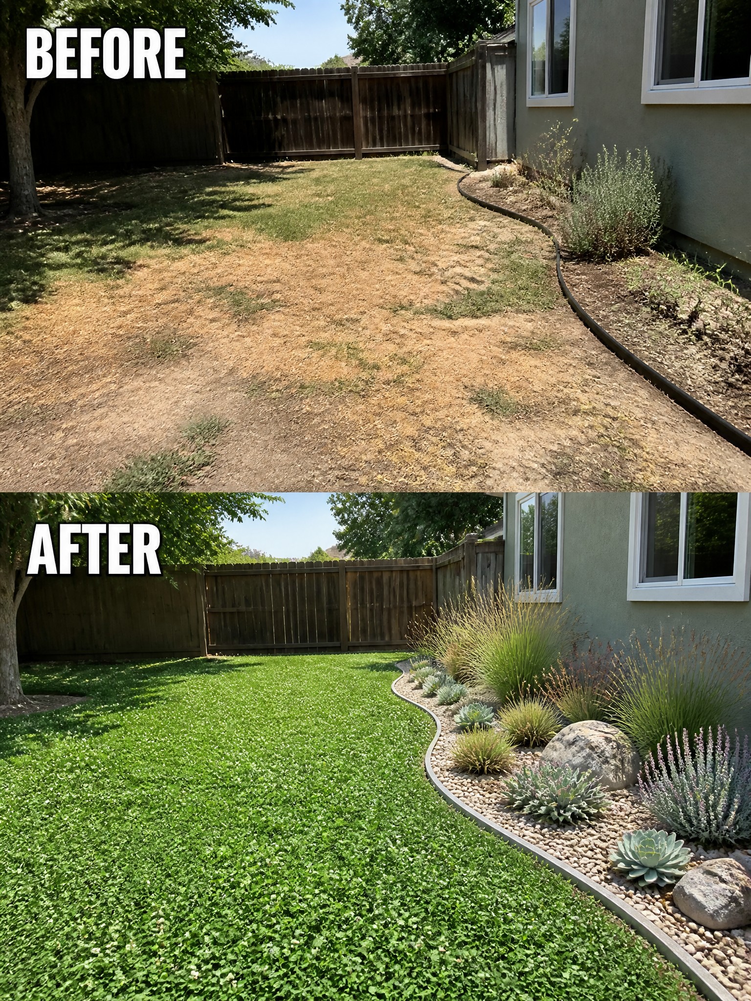 Before and after backyard makeover from dry patchy lawn to lush green garden with landscaping.