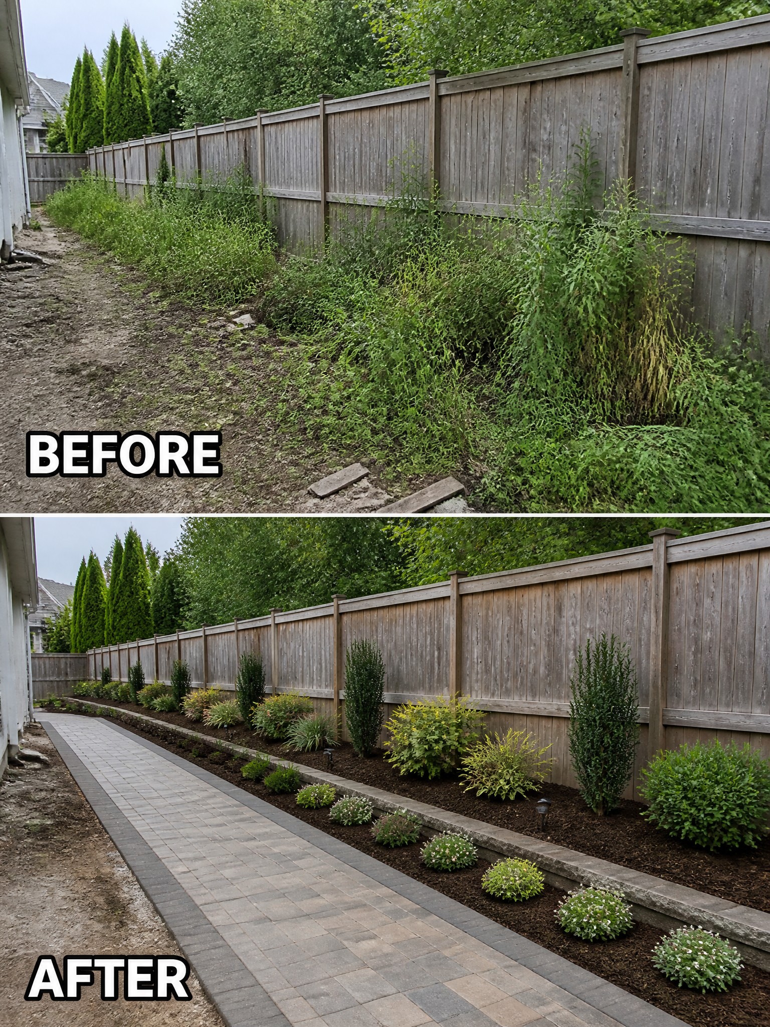 Before-and-after image of an overgrown side yard changed into a clean paved path with mulched garden beds along a fence.