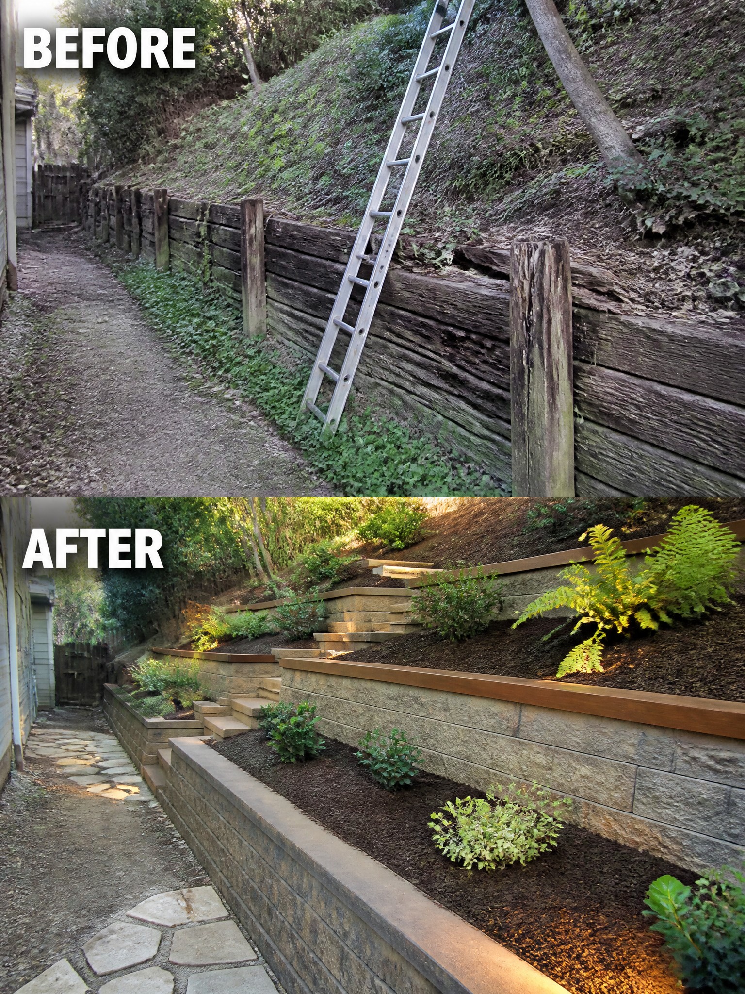 Before-and-after image of an overgrown side yard with a wooden retaining wall changed into terraced stone walls with mulch beds, plants, and a stone paver path.