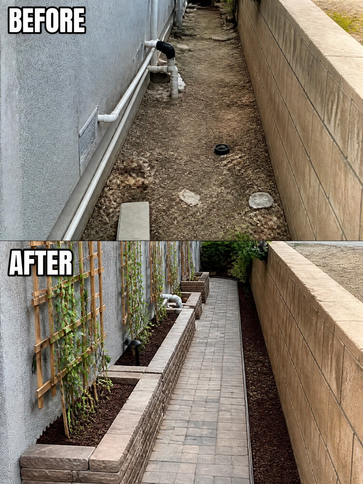 Before and after narrow alley transformed with paved path, planters and climbing vines.