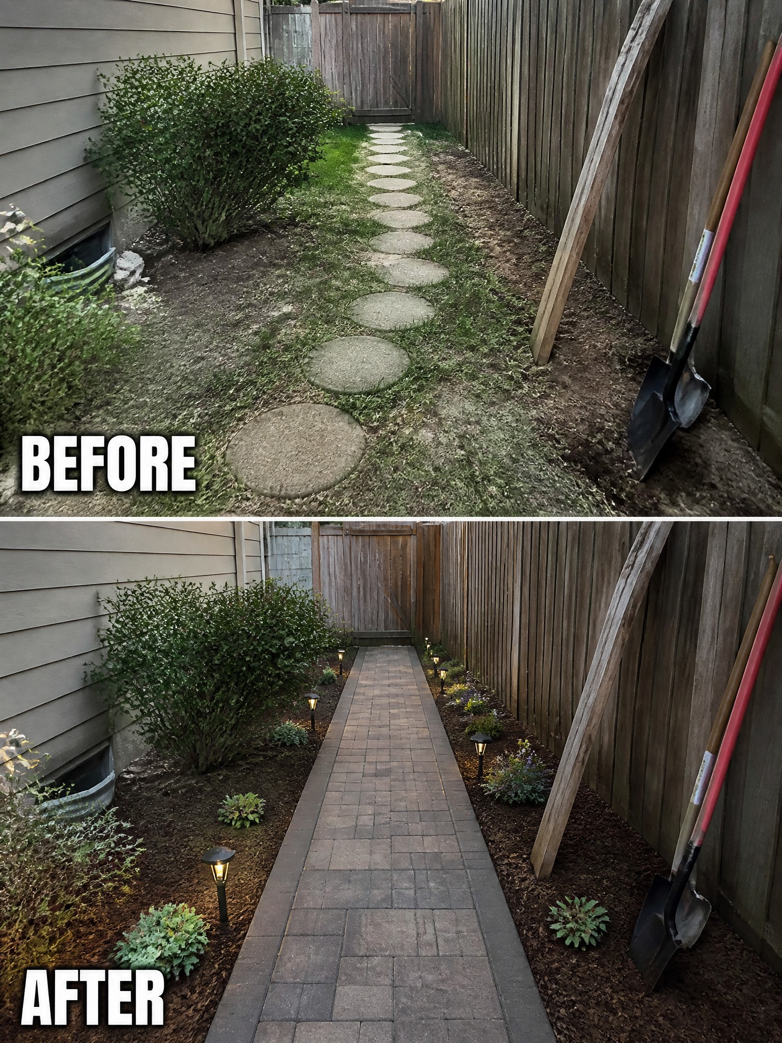 Before and after of backyard path from stepping stones to brick pavers with lights and mulch