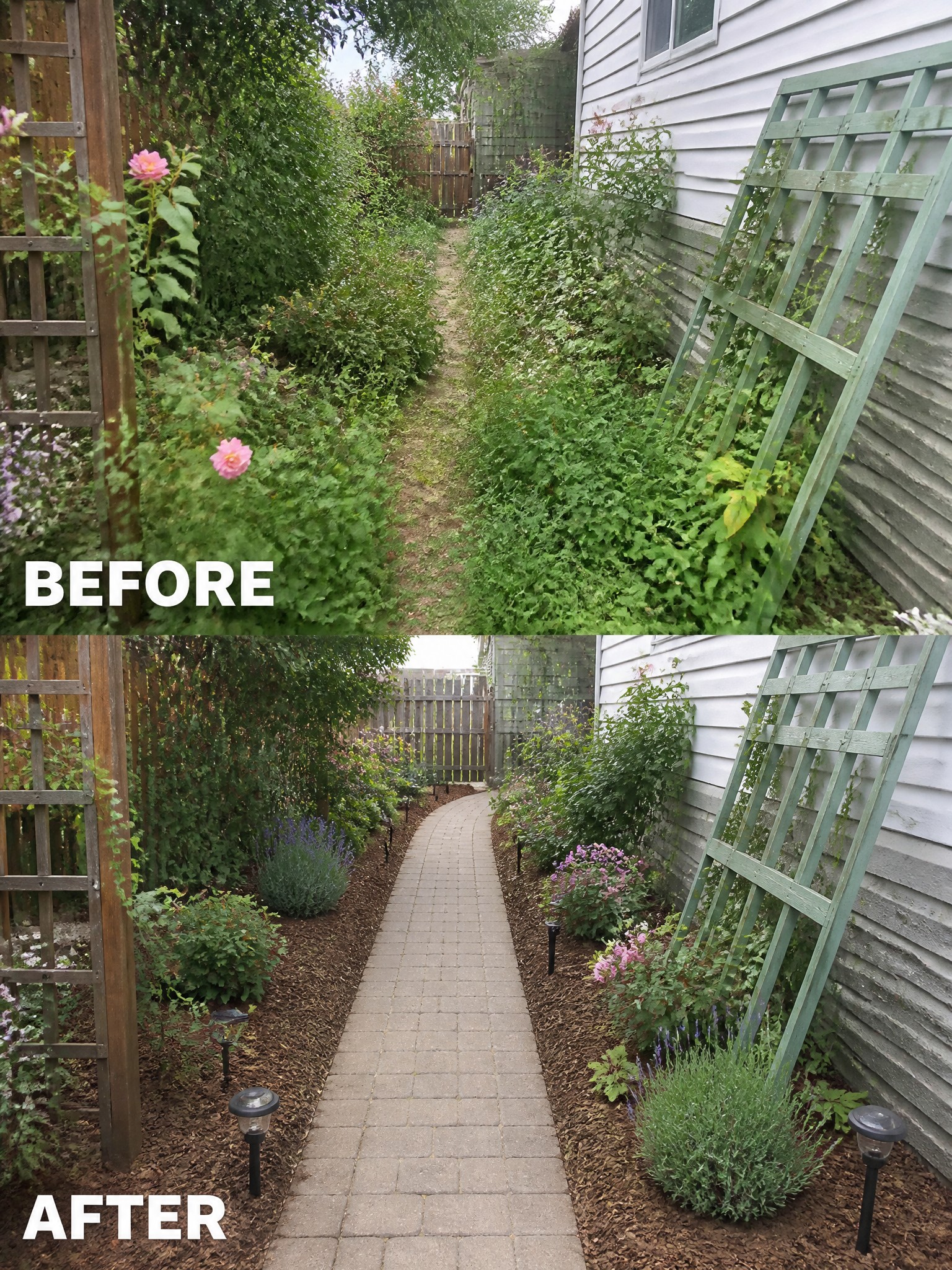 Before and after of overgrown garden path transformed with brick walkway, mulch, and plants.