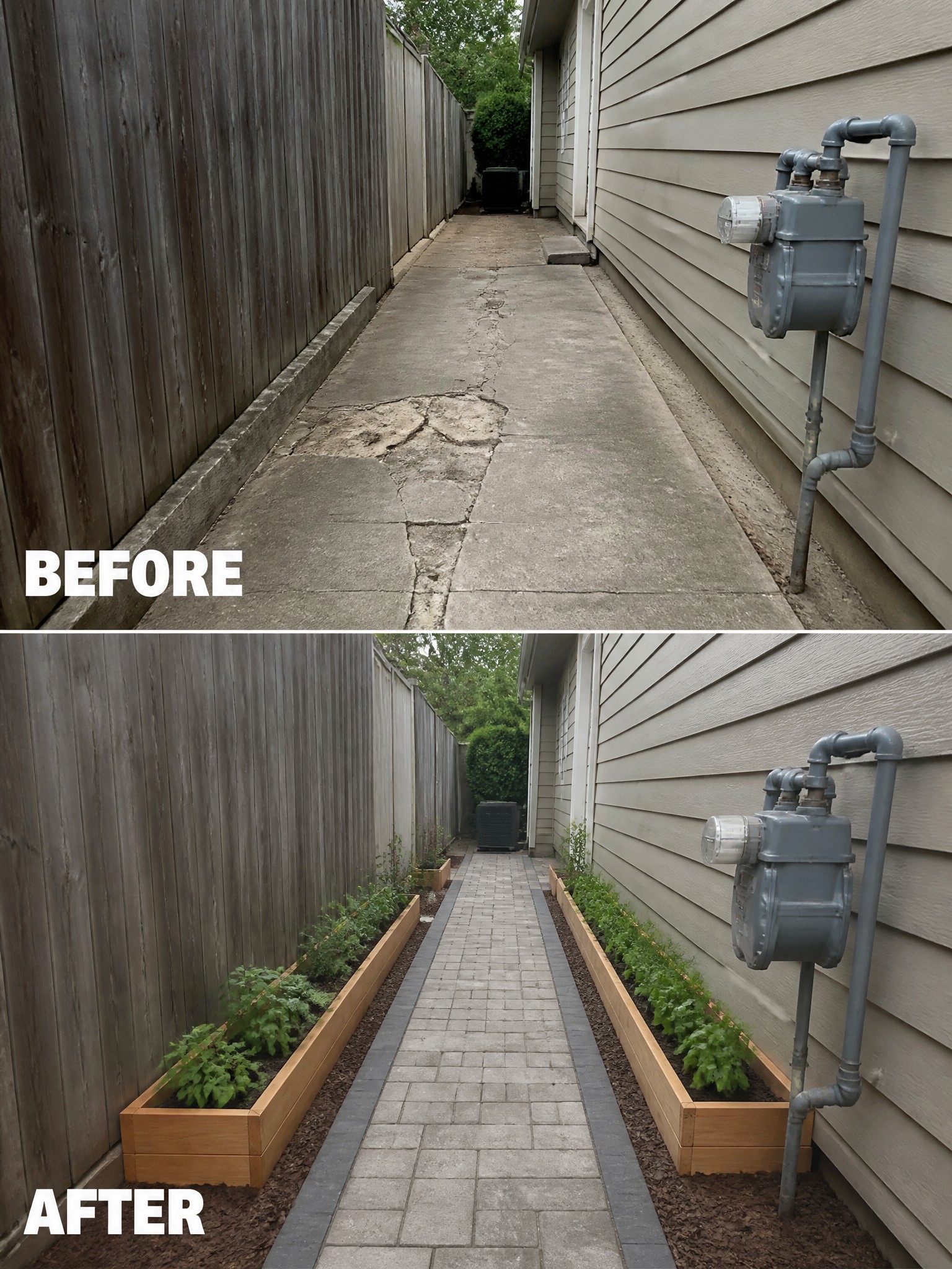 Before and after of cracked path transformed into paver walkway with wooden planters.