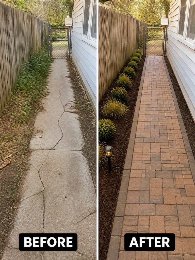21 Affordable Side Yard Remodel Ideas With Pavers and Mulch Before and after of concrete path upgraded to brick pavers with landscaped beds