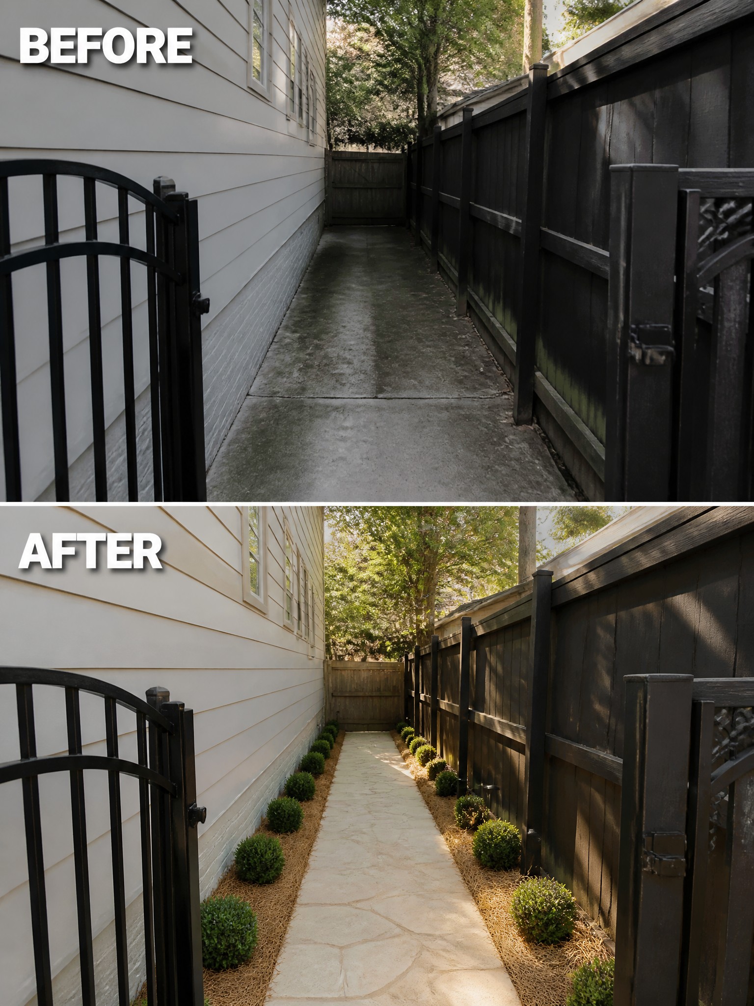 Before and after of concrete path upgraded to stone walkway lined with shrubs