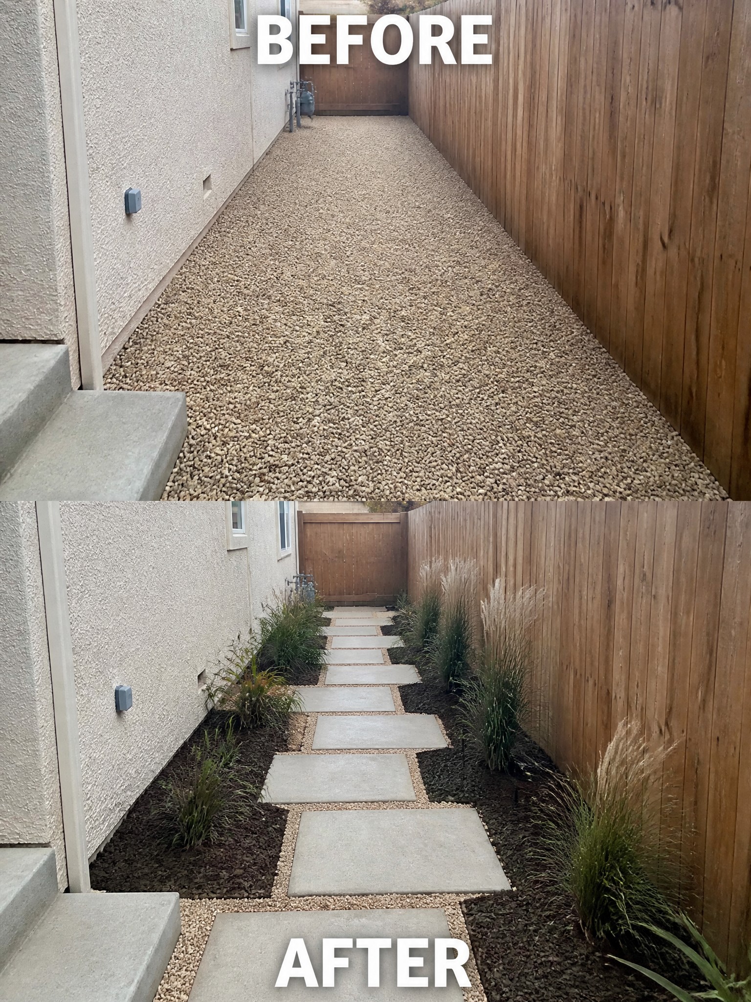 Before-and-after narrow walkway transformed from gravel to stepping stones with plants.