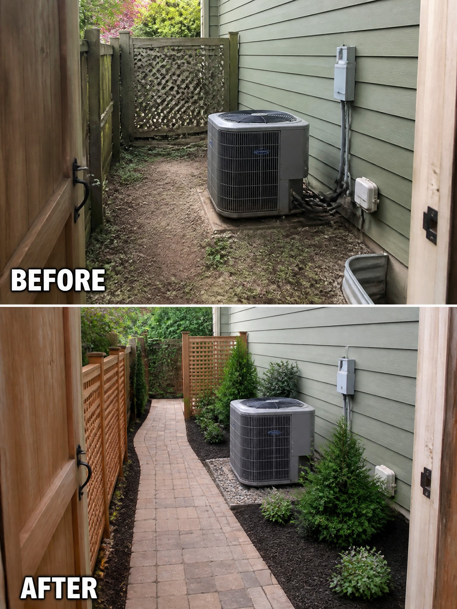 Before and after of side yard with AC unit, path, and landscaping.