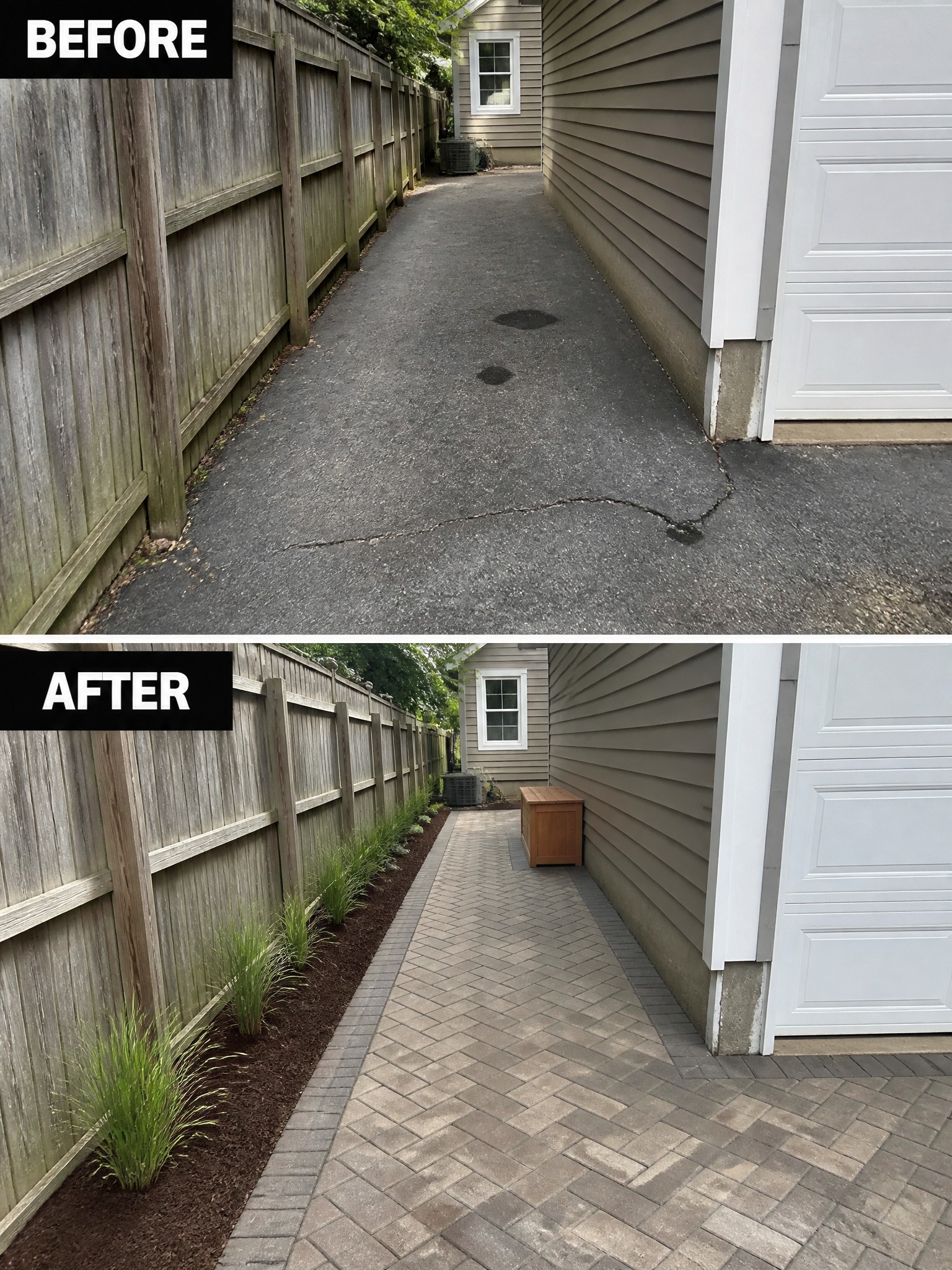 Before-and-after image of a cracked asphalt side yard path changed to pavers with mulch beds and planting along the fence.