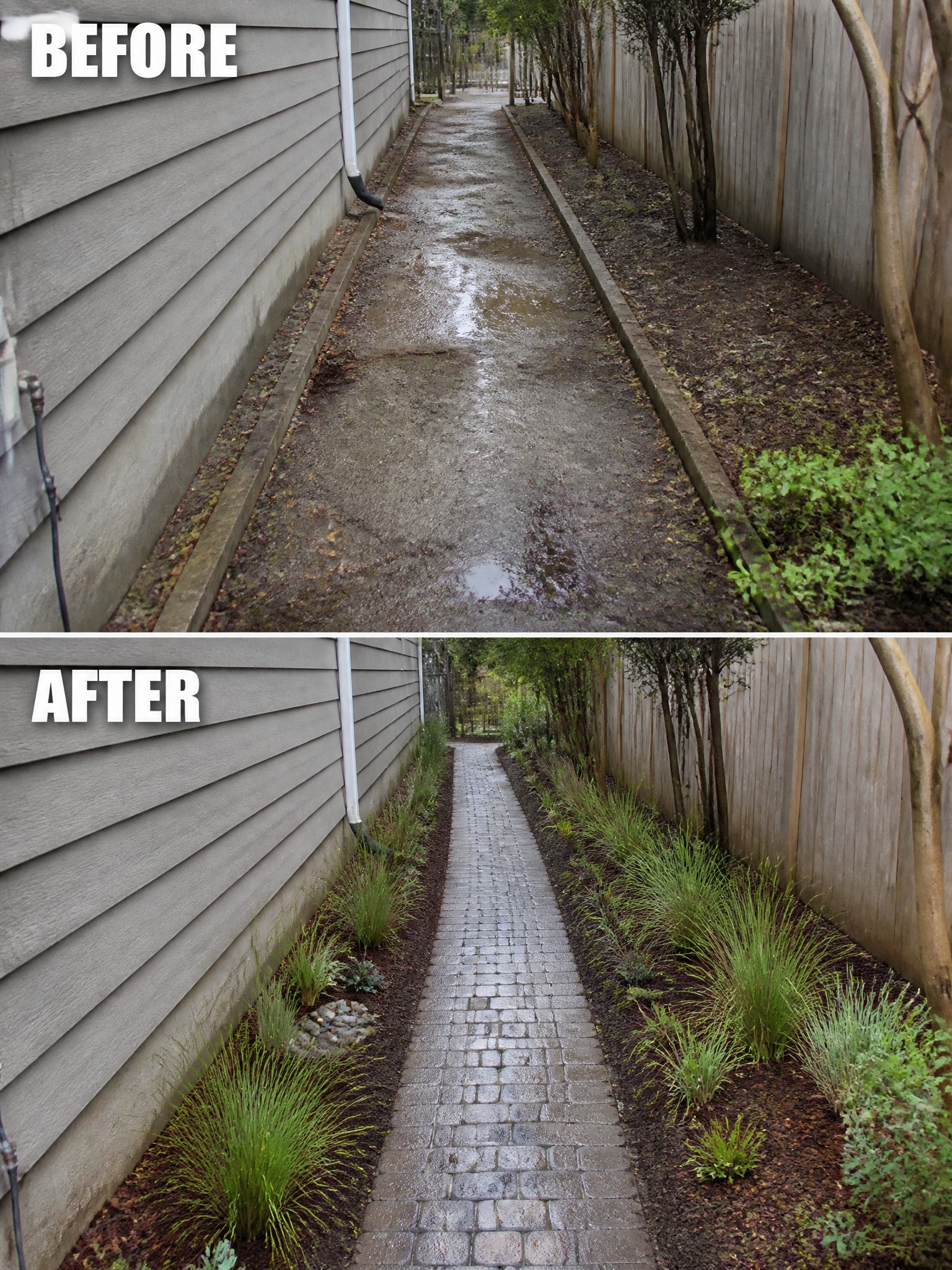 Before muddy path and after brick walkway with landscaped plants on sides.