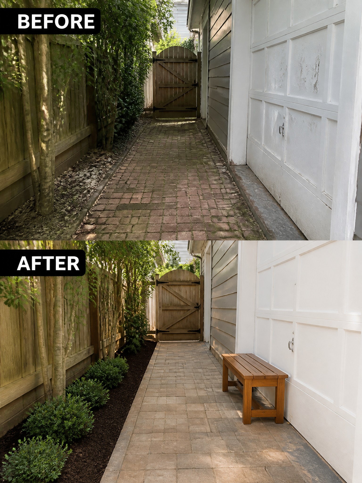 Before and after of narrow brick pathway beside house with new bench and plants.