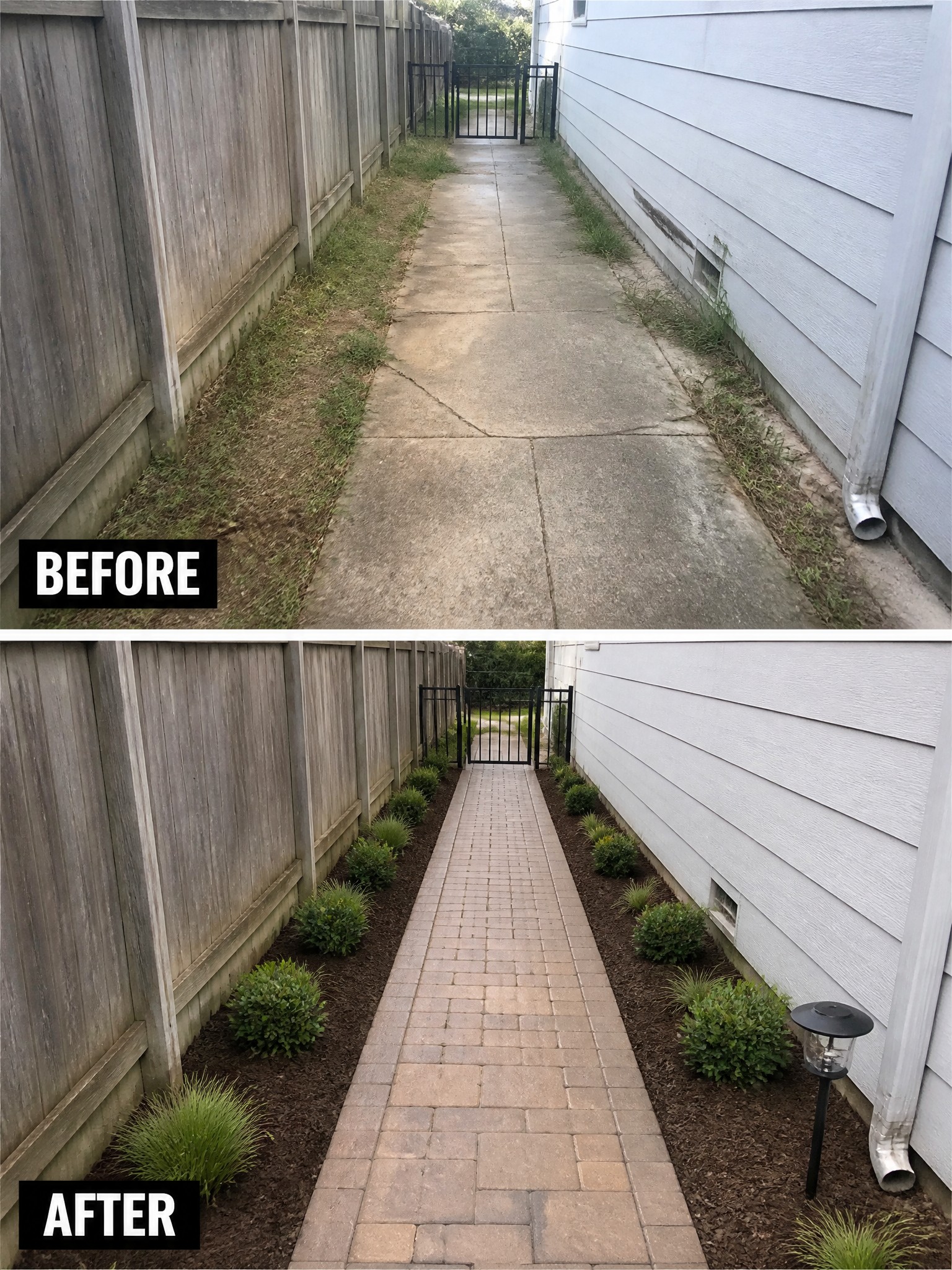 Before and after of concrete path upgraded to brick pavers with landscaped beds