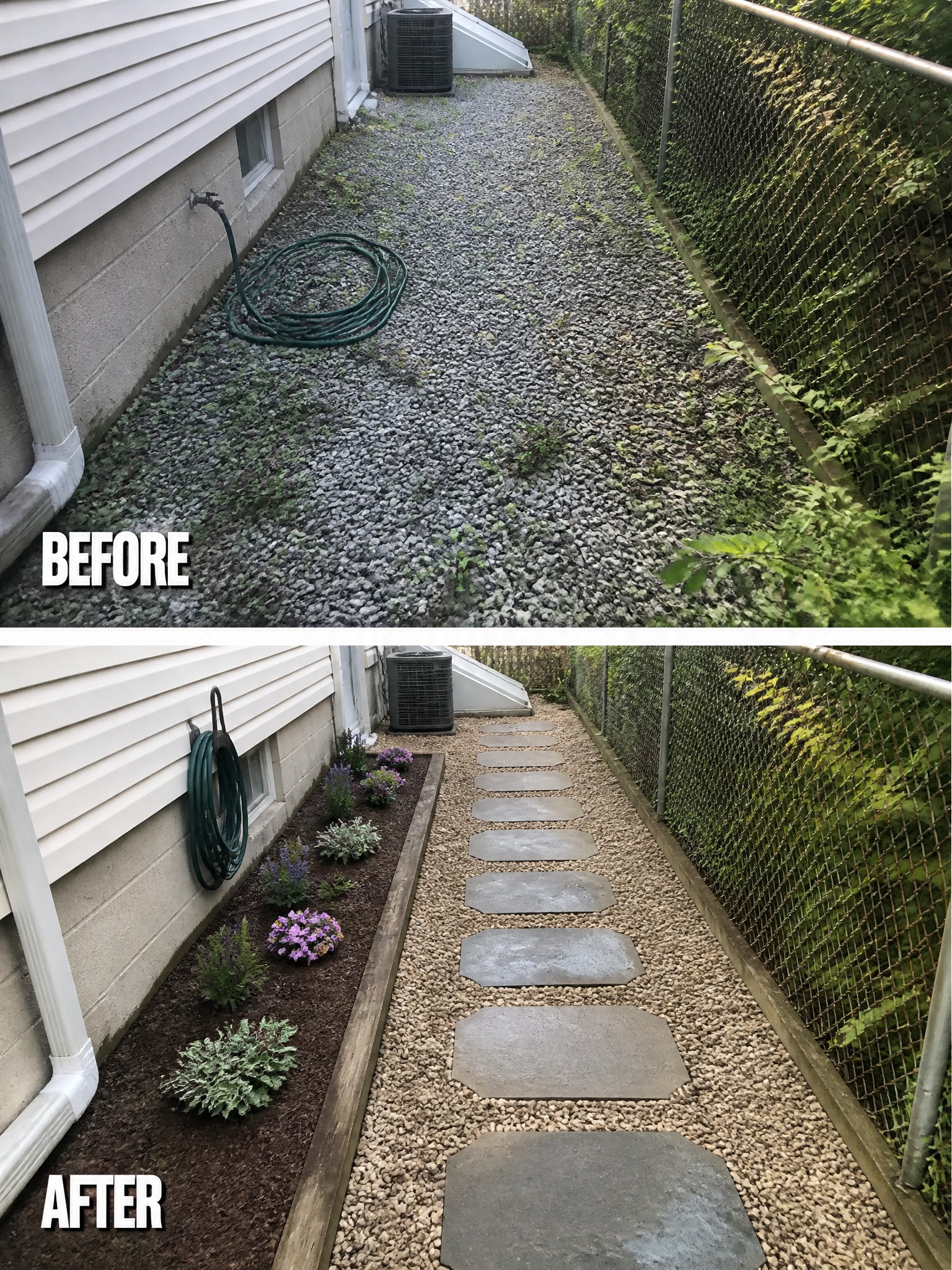 Before and after of gravel path with stepping stones, plants, and coiled hose.