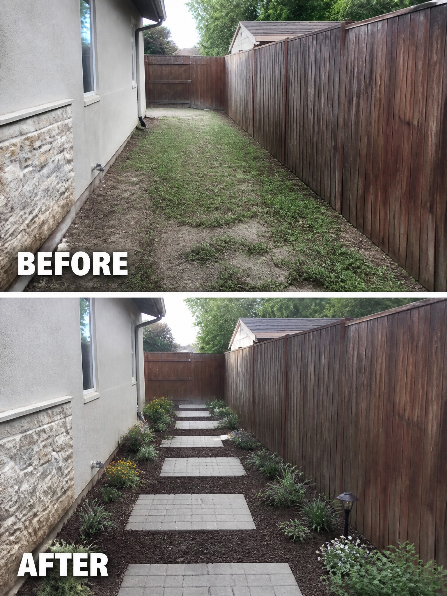 Before-and-after image of an overgrown side yard changed into a clean path with pavers, mulch beds, and added plants.